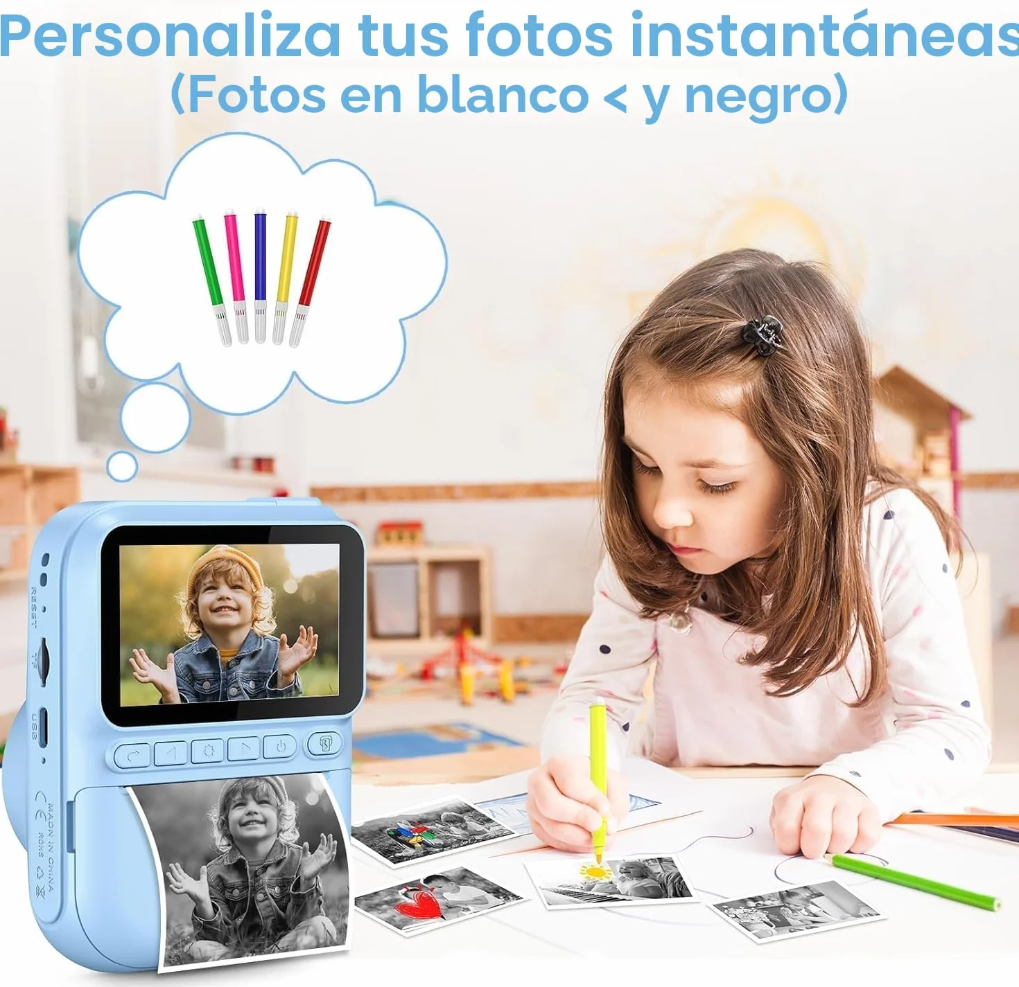 GREENKINDER Cámara Fotos Infantil Instantánea 14MP HD 1080P, 3,0 Pulgadas, con Tarjeta 32 GB y Papel de Impresión