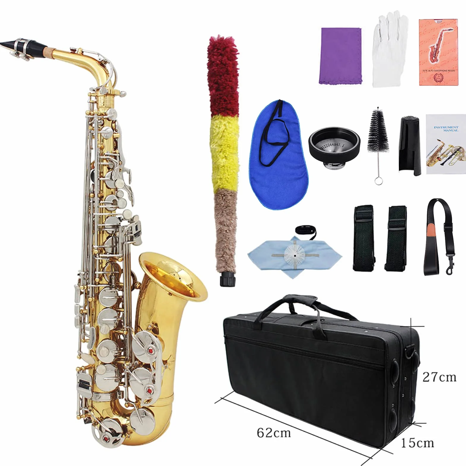 Saxofón alto, latón brillante, grabado Eb, botón de concha blanca, instrumento de viento con funda, guantes de silencio, paño de limpieza, cepillo para cinturón