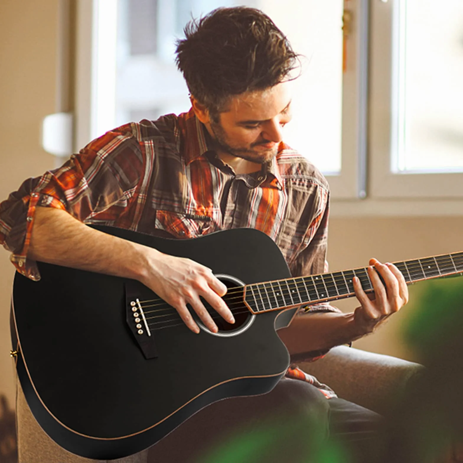 Vangoa 4/4 Guitarra Acústica Corte Tamaño Completo Set Dreadnought 41 pulgadas Folk Acoustic Guitar Kits para Principiante Estudiante Adulto, Negro