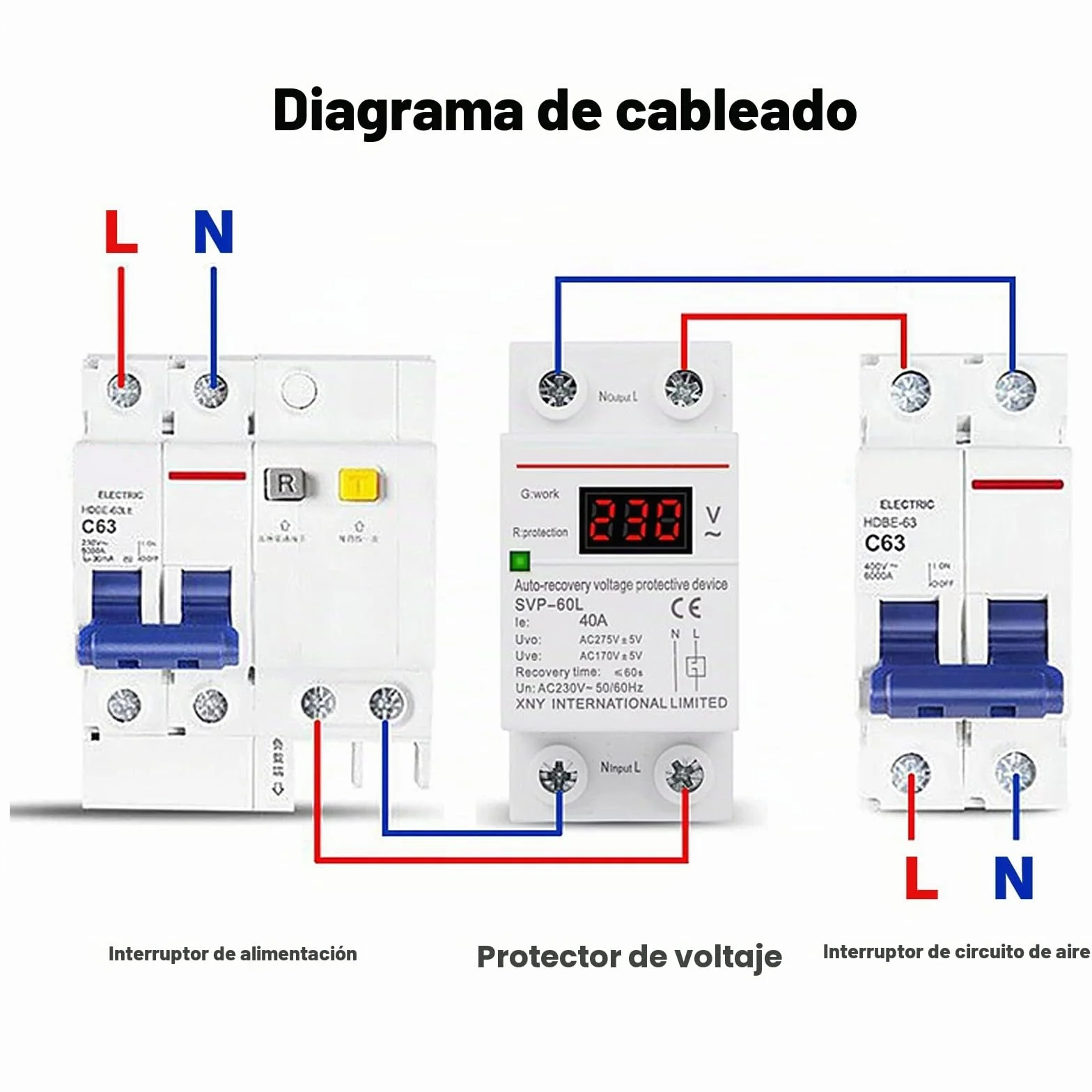 Jadeshay Dispositivo Protección Sobretensión Subtensión,230V 40A Voltaje Protector Carril DIN Recuperación Automática contra Sobrevoltaje y Bajo Voltaje con Luz Indicadora y Pantalla de Voltaje LED