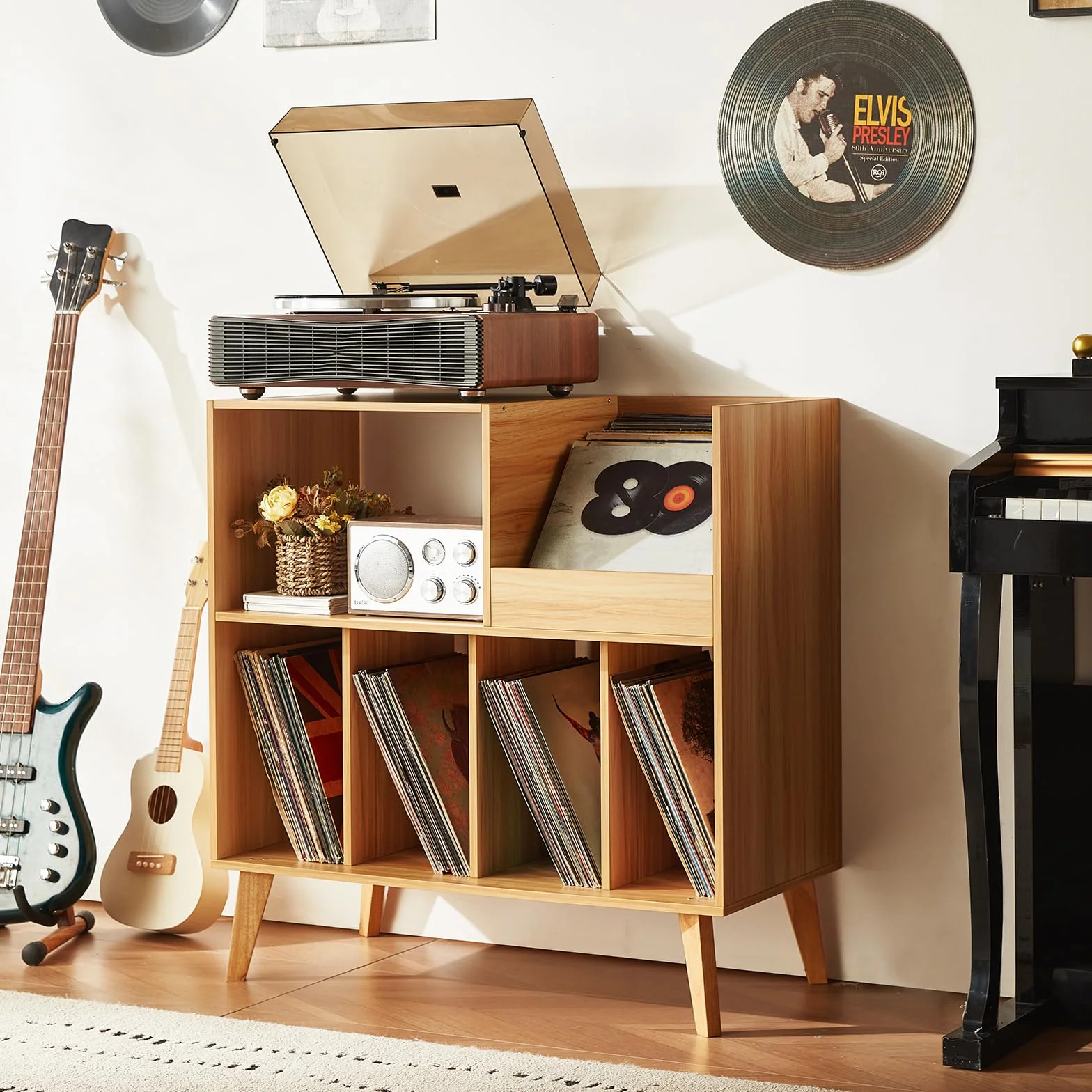 Gran soporte para discos con almacenamiento, soporte para tocadiscos con estante, soporte para discos de vinilo con área de exhibición, soporte para discos para hasta 300 álbumes, estantería para