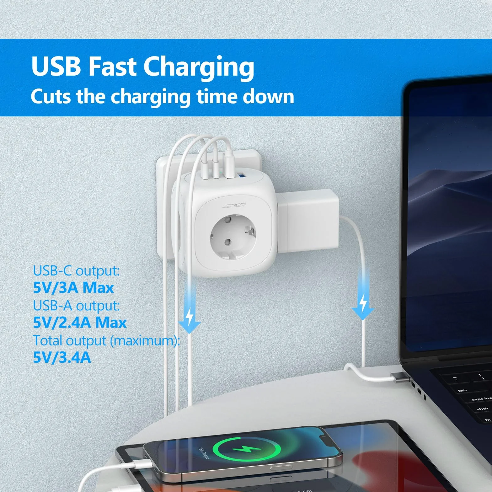 Adaptador Japon 3 Tomas, JSVER 7 en 1 Adaptador Enchufe para Japan Tipo A con 2 USB A y 2 USB C, Enchufe de Viaje para Español a Japones,América, México, Canadá, Tailandia-Blanco