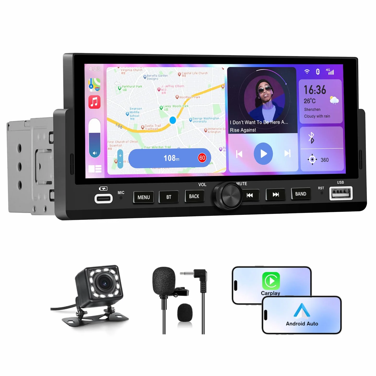 AWESAFE 6.86 Pulgadas 1 DIN Radio Coche Universal con Pantalla Táctil, con CarPlay/AndroidAuto/Admite Carga Type-C/USB/Micrófono/FM/EQ/WiFi/GPS/Bluetooth/USB/SWC y Cámara Trasera