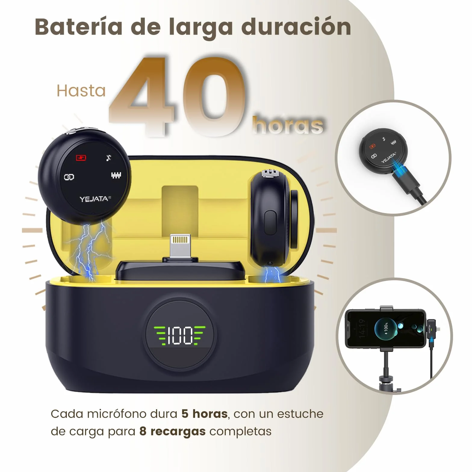Micrófono inalámbrico 2 en 1 para iPhone y Android, Mini micrófono con reducción de Ruido, Estuche de Carga de 40 Horas, Solapa magnética y Abrazadera para entrevistas, Alcance de 25 Metros.