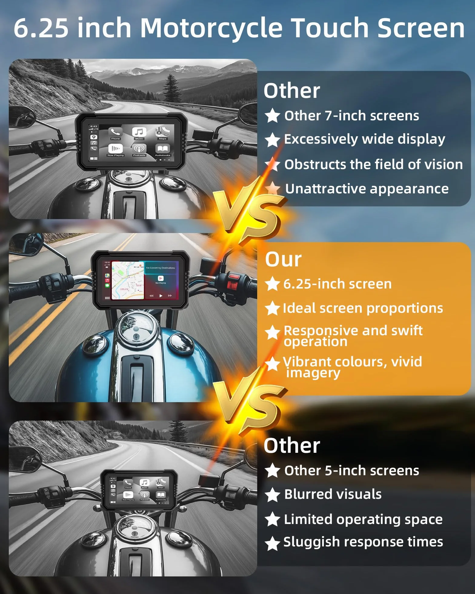 4K Carplay Moto Android Auto GPS Moto Navegador con dashcam Delantera Trasera, 6,25 Pulgadas Pantalla Moto TáCtil IP67 Impermeable Doble Bluetooth Siri/Goo.gle Assistant