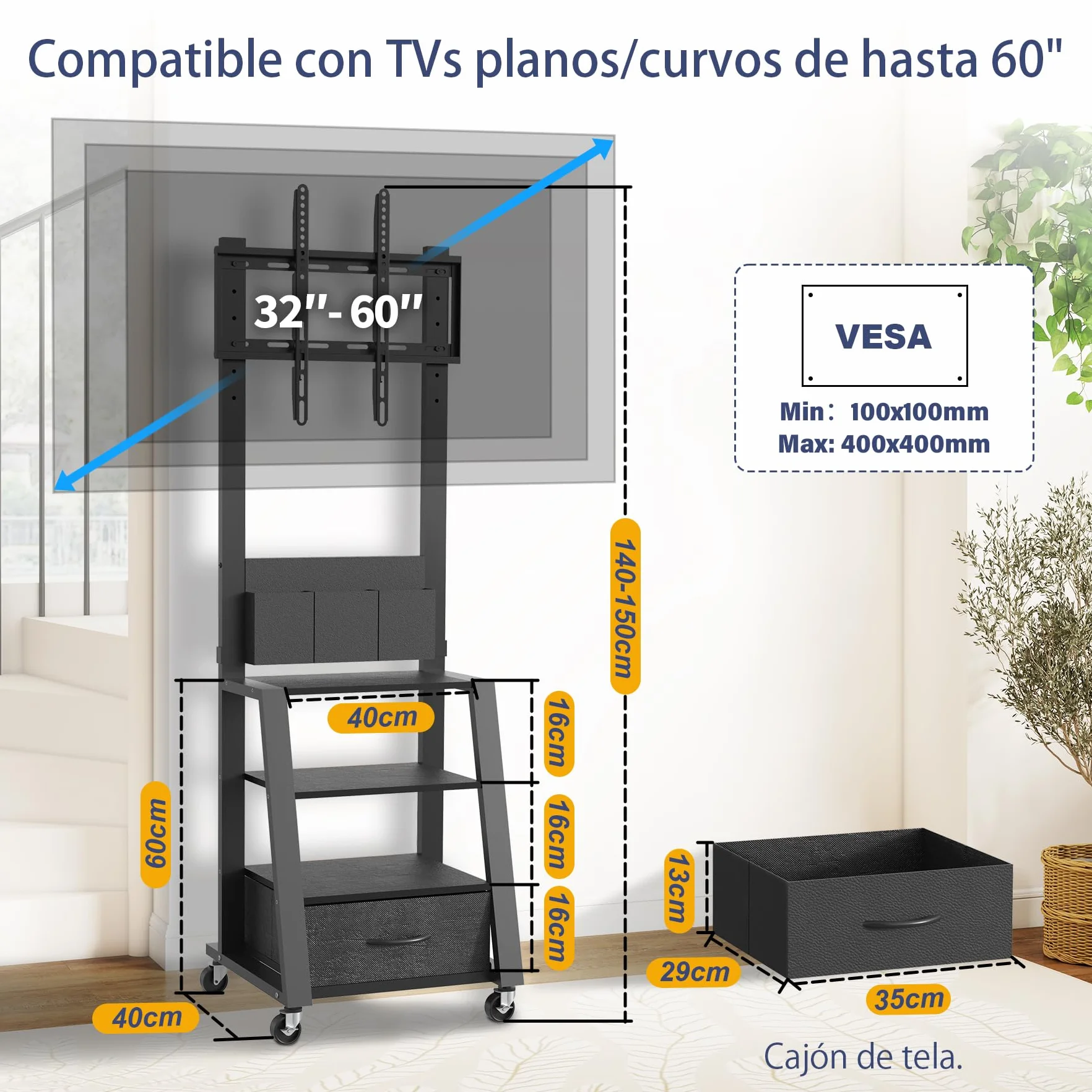 Carrito para TV con soporte móvil, ajustable 23-60", 72kg, VESA 400x400mm, negro