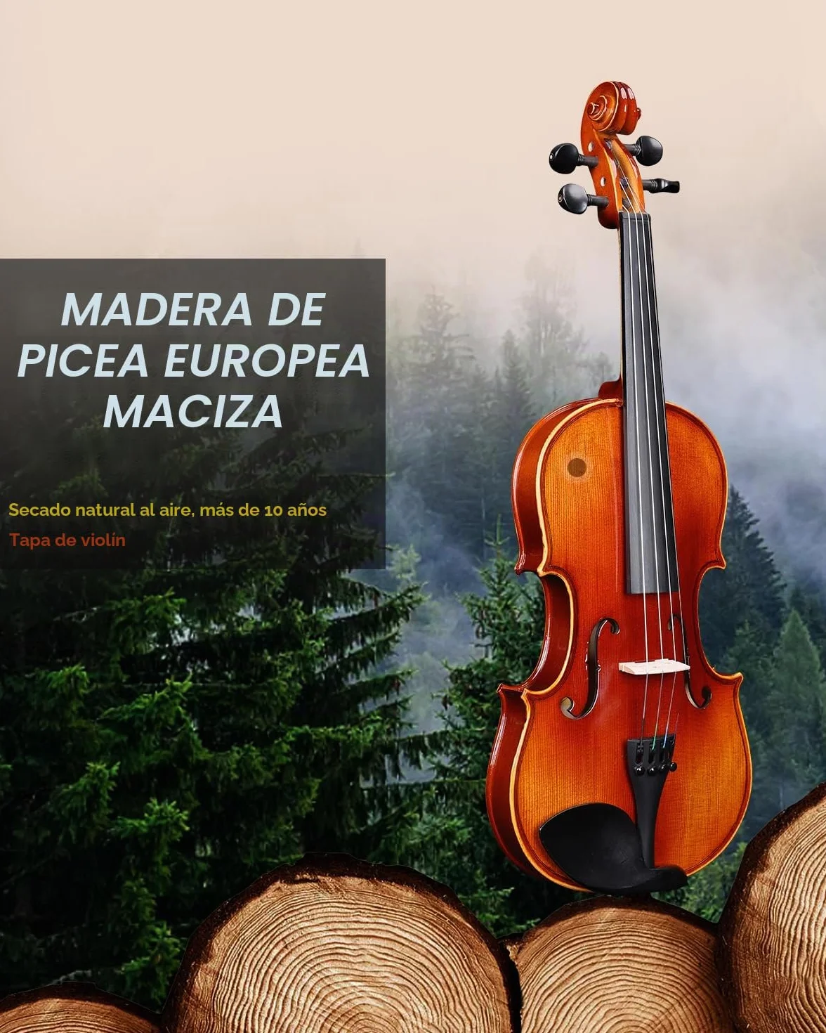 Violín 4/4 de tamaño completo para estudiantes, adultos, violín de abeto europeo sólido con soporte para partituras