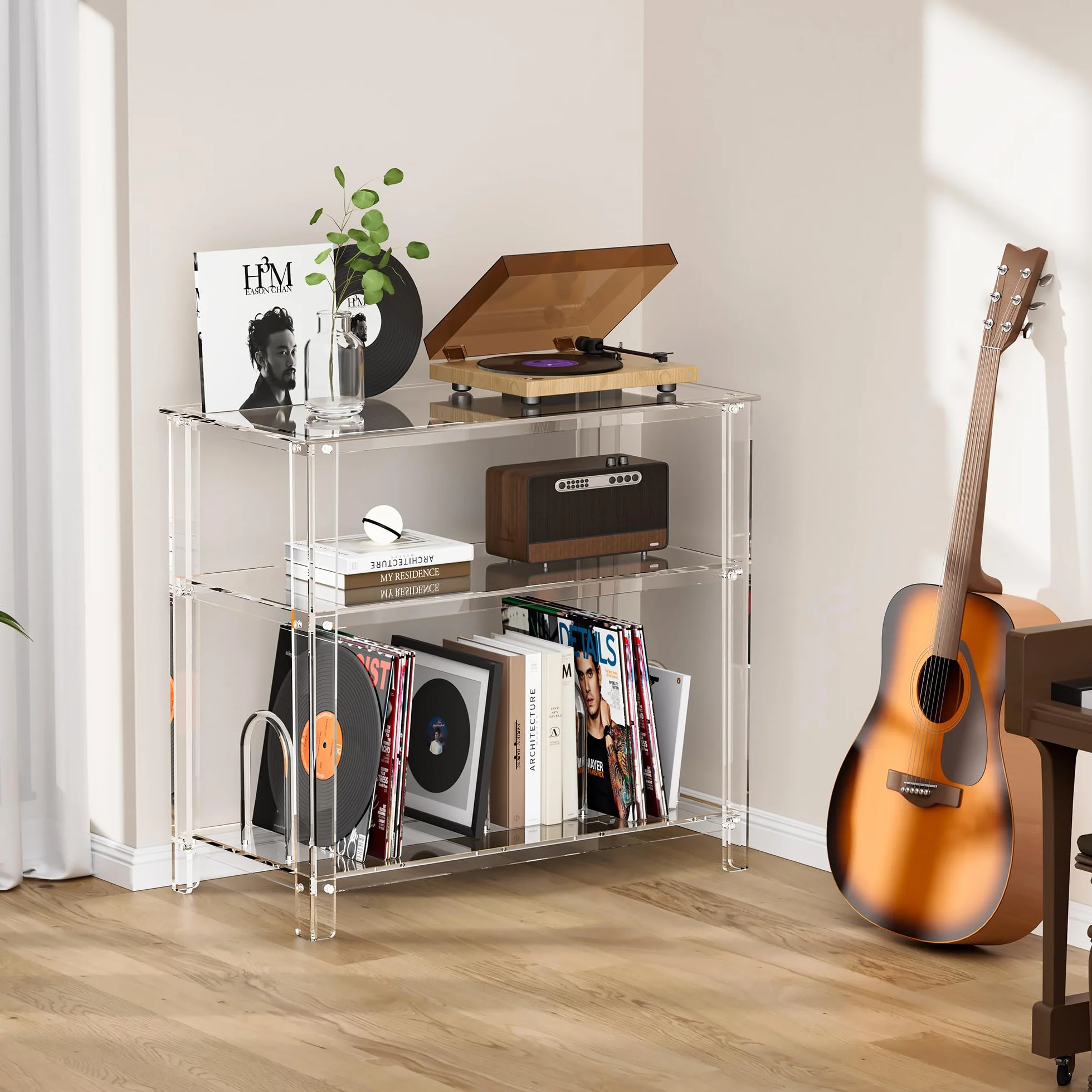 Mueble Tocadiscos, Acrilico Metacrilato, Soporte para Tocadiscos y Vinilo, Transparente, 80 x 40 x 74 cm