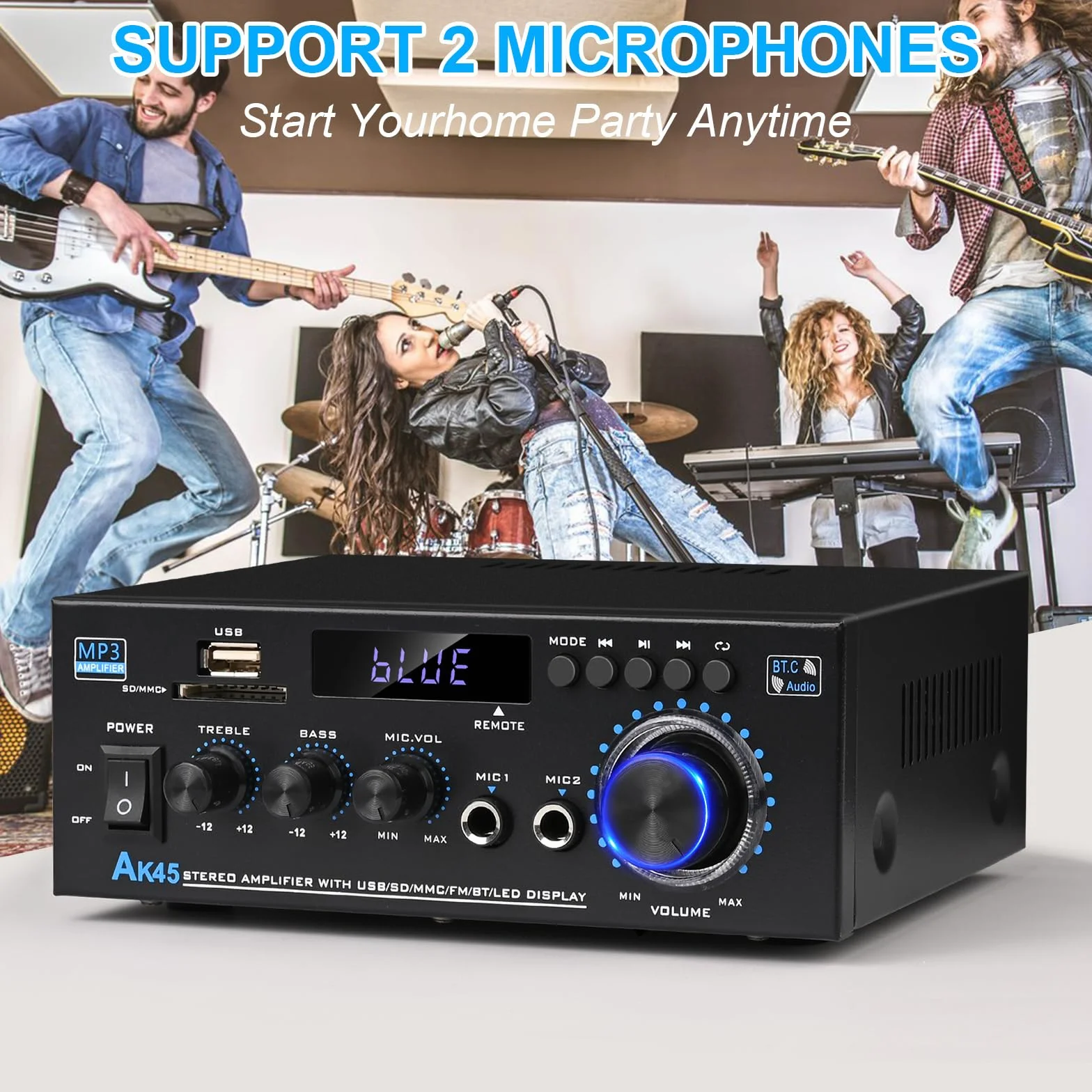 Romicta Amplificador Audio HiFi Estéreo 600W 2 Canales, Bluetooth 5.0, 12V/220V, Pantalla LCD, Alta Fidelidad, Radio FM Portátil, Entrada SD/USB, para Hogar o Coche