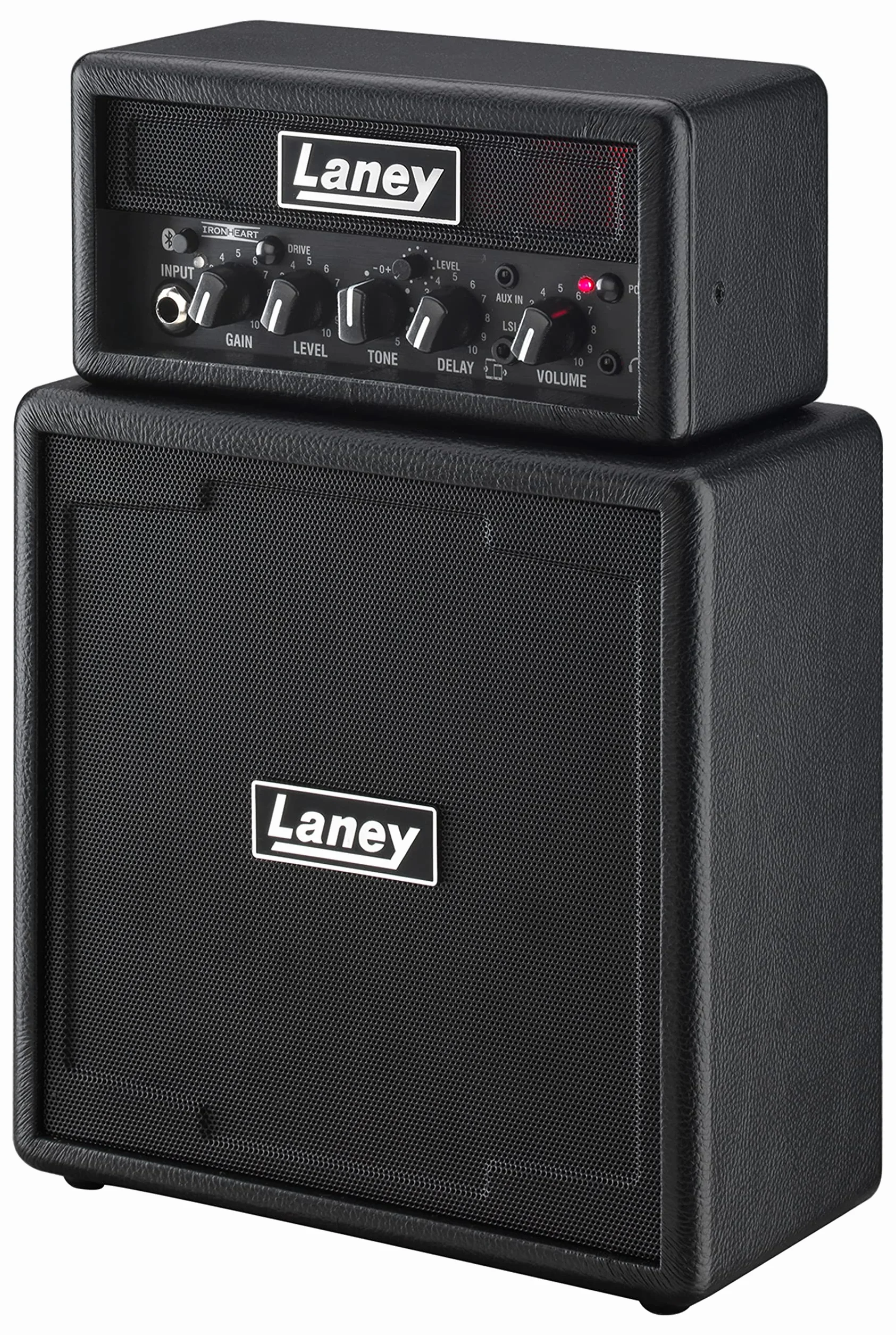 Laney MINISTACK-B Amplificador de guitarra Bluetooth – Mini pila portátil de 6W con batería - 4 altavoces, limpio/overdrive, retraso, entrada LSI para smartphone, entrada AUX - Ironheart