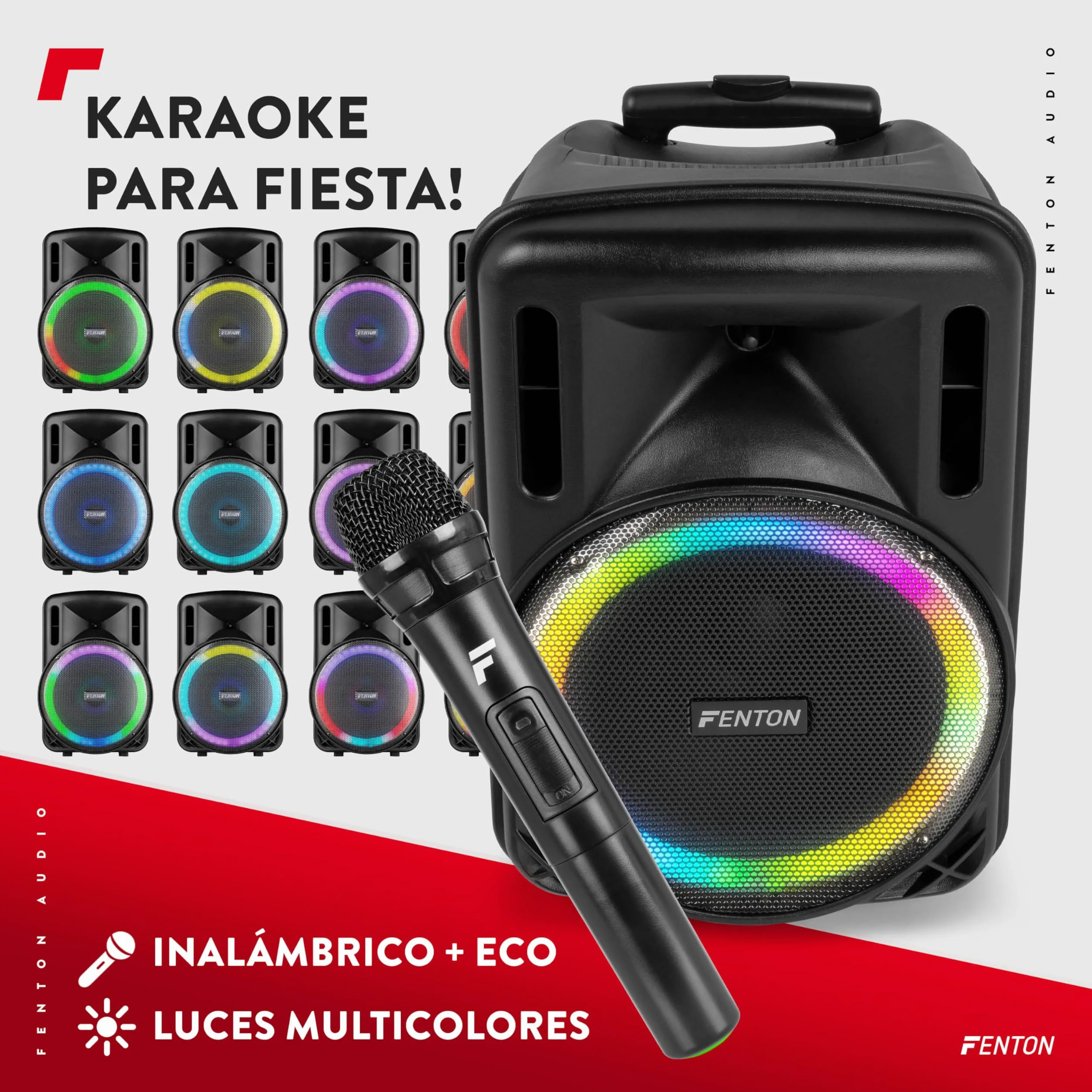 Fenton FT12LED MK2 – Altavoz Bluetooth Grande Potente 700W con micrófono Bluetooth inalámbrico, woofer 12", Altavoz portátil Bluetooth Potente con USB, Karaoke y batería Color Negro