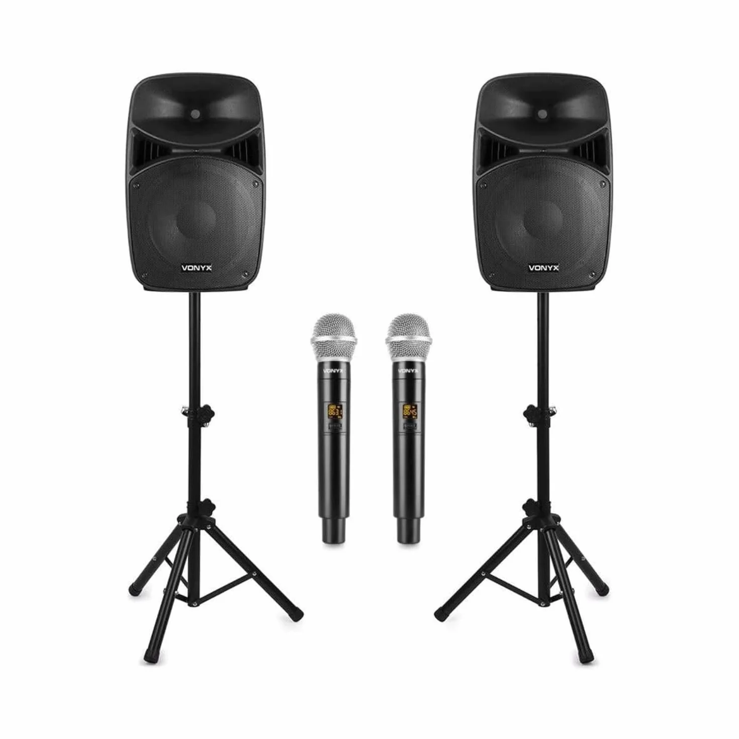 Vonyx VPS152A + WM552 – Altavoz portatil bluetooth potente 1000W con 2 altavoces 15", USB, trípodes y 2 microfonos inalambricos, equipo de sonido profesional para eventos DJ y karaoke, color negro