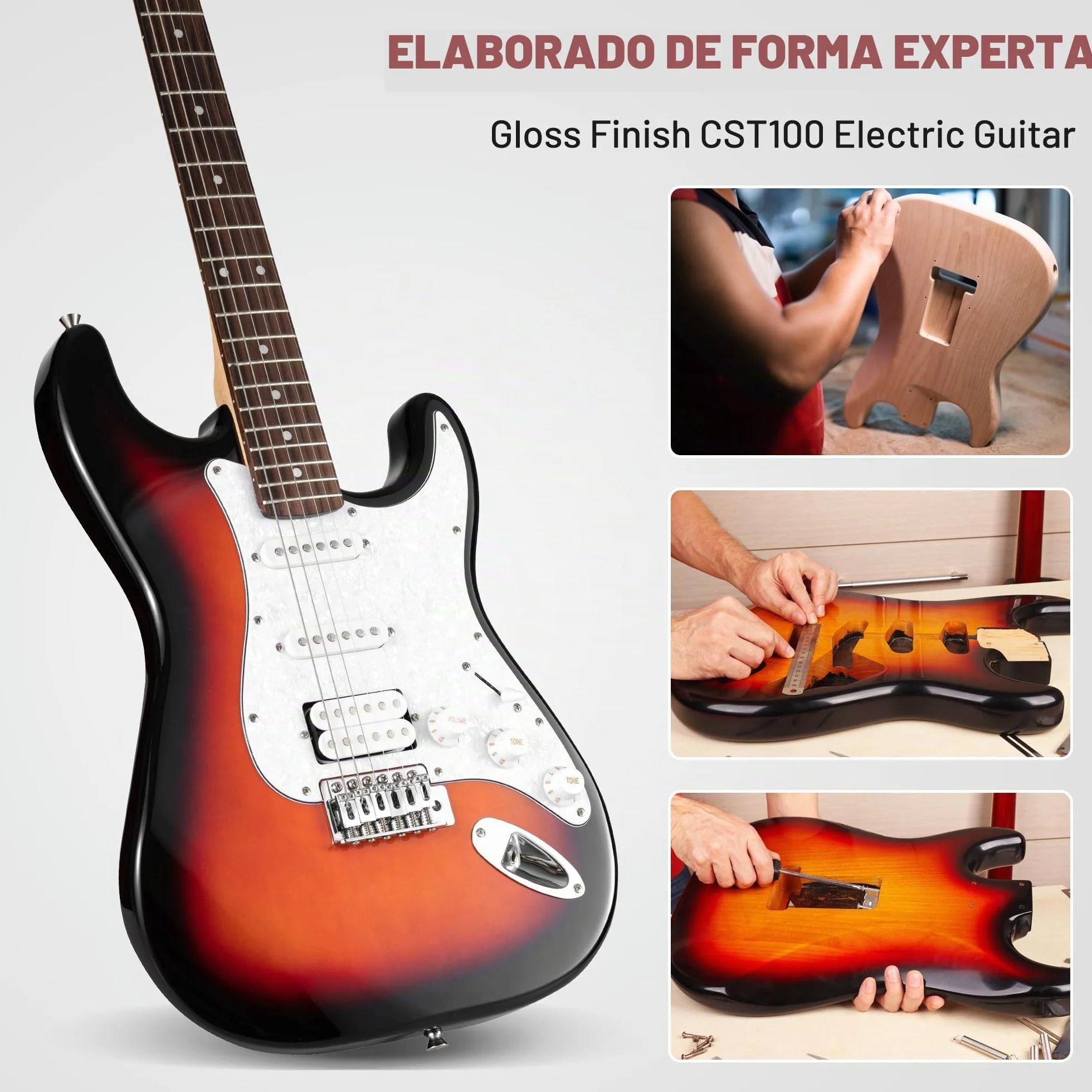 CAHAYA Kit de Guitarra Eléctrica Sunburst: CST100 con Pastillas S-S-H, Mástil de Arce, Cuerpo de Álamo, Diapasón de Laurel. Incluye Amplificador de 10W y Funda de 600D