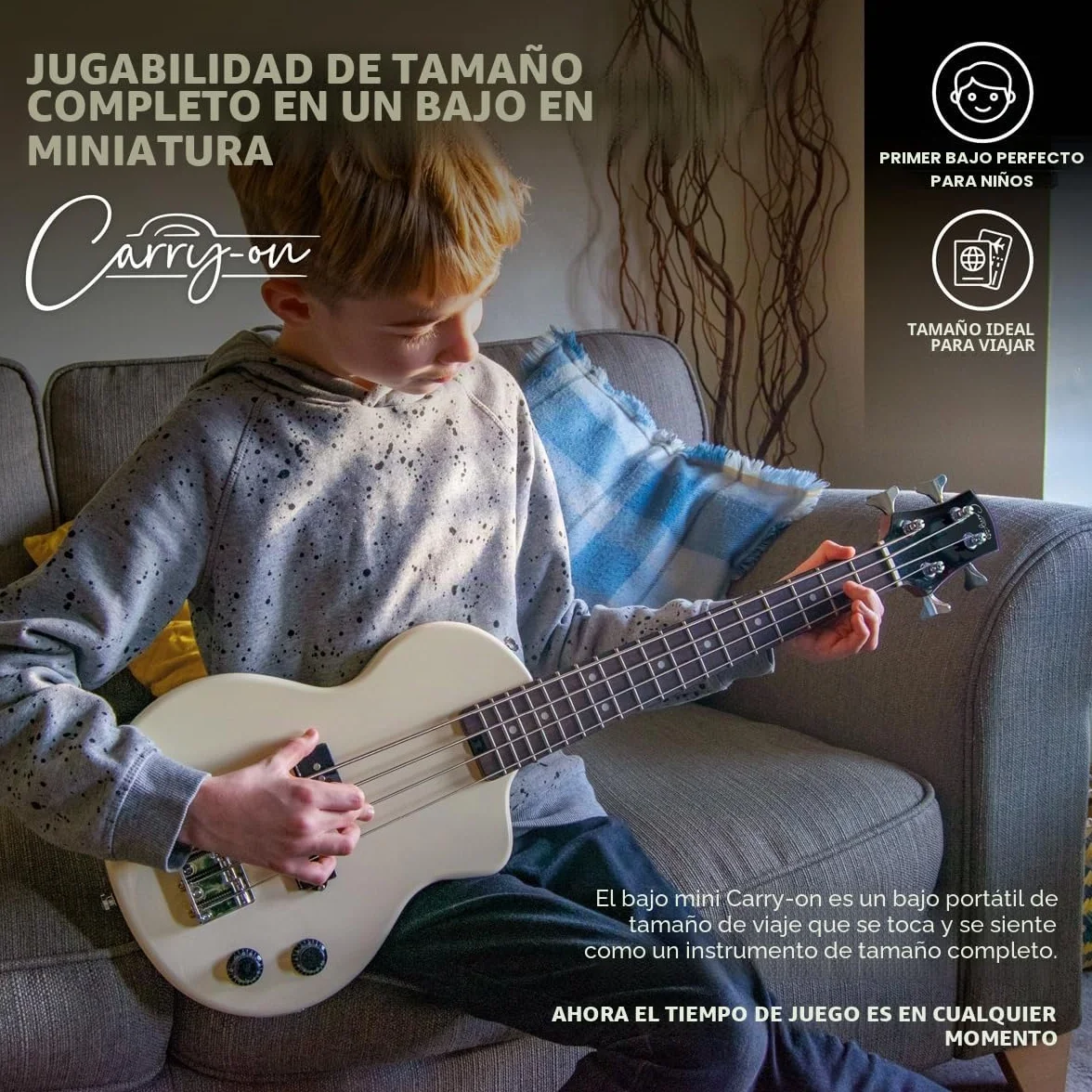 Carry-on By Blackstar Mini Guitarra Bajo Electrico Vintage White Perfecta para Niños y Adultos, Principiantes y Viajes