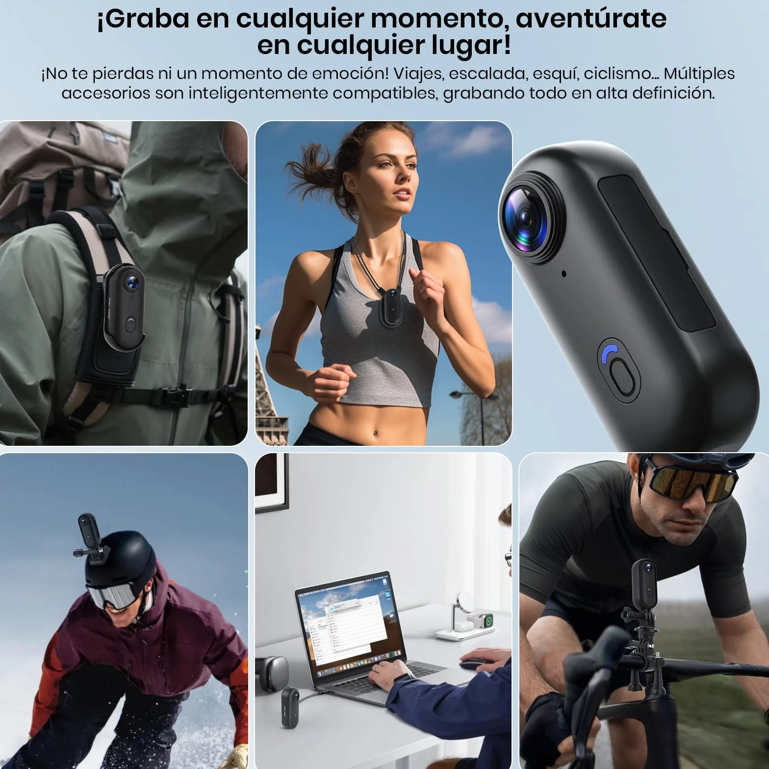 Cámara de Acción 360° Mini Corporal POV Subacuática 30m WiFi Gran Angular 120° +10 Accesorios 64GB