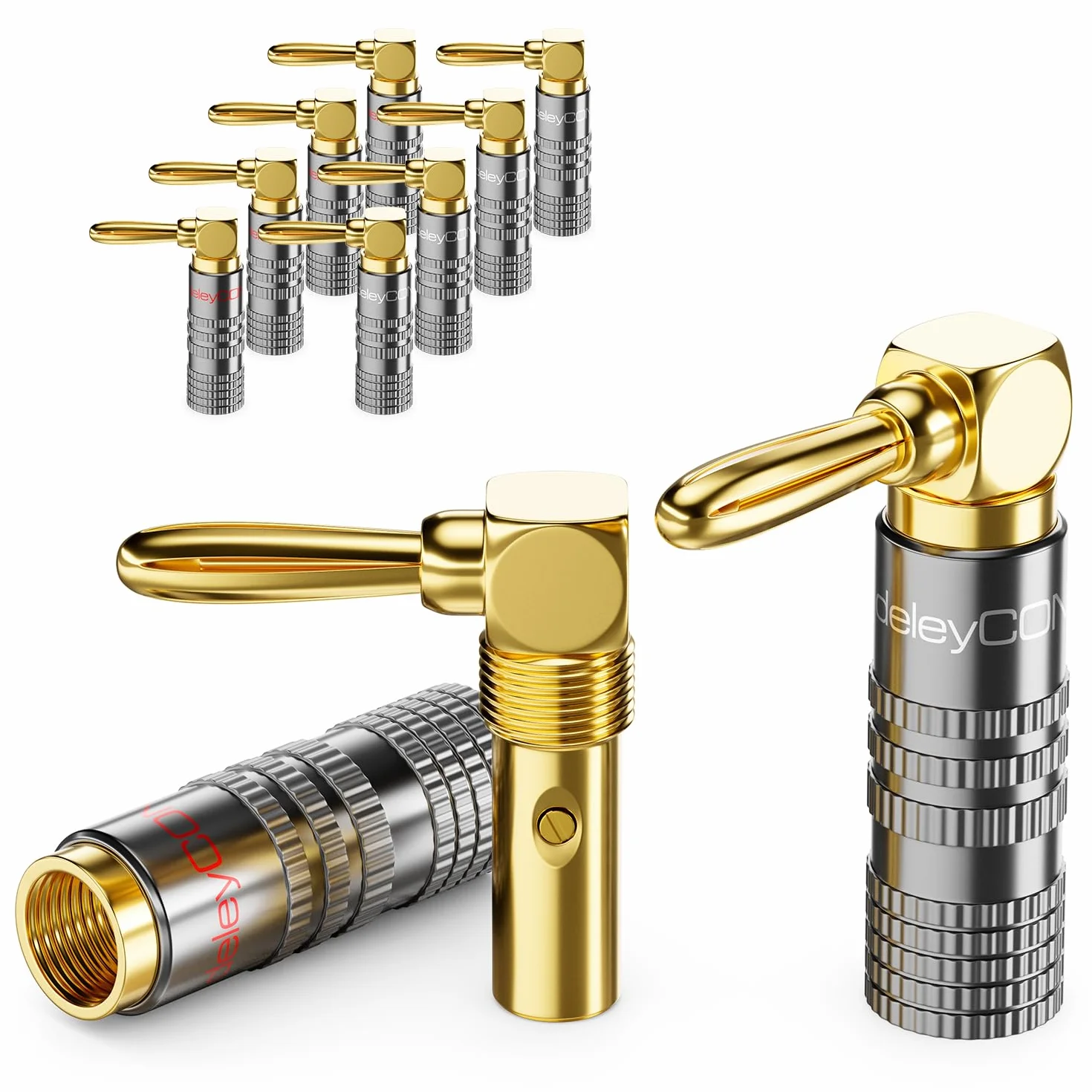deleyCON 10 Piezas Conectores Tipo Banana 90° Acodado Dorado Enroscable para Cable de Altavoz 0,75-4,5 mm