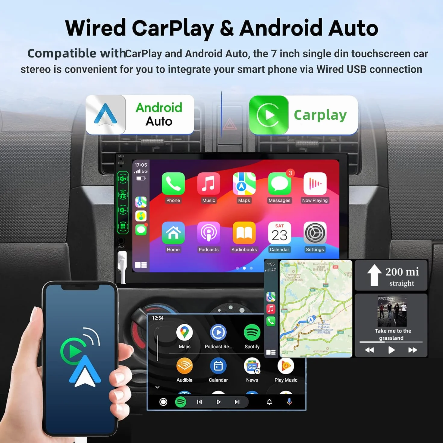 Radio Coche 1 DIN con CarPlay y Android Auto - Pantalla Táctil de 7 Pulgadas, Autoradio con Bluetooth y Soporte Mirror Link para iOS/Android con Cámara de Respaldo