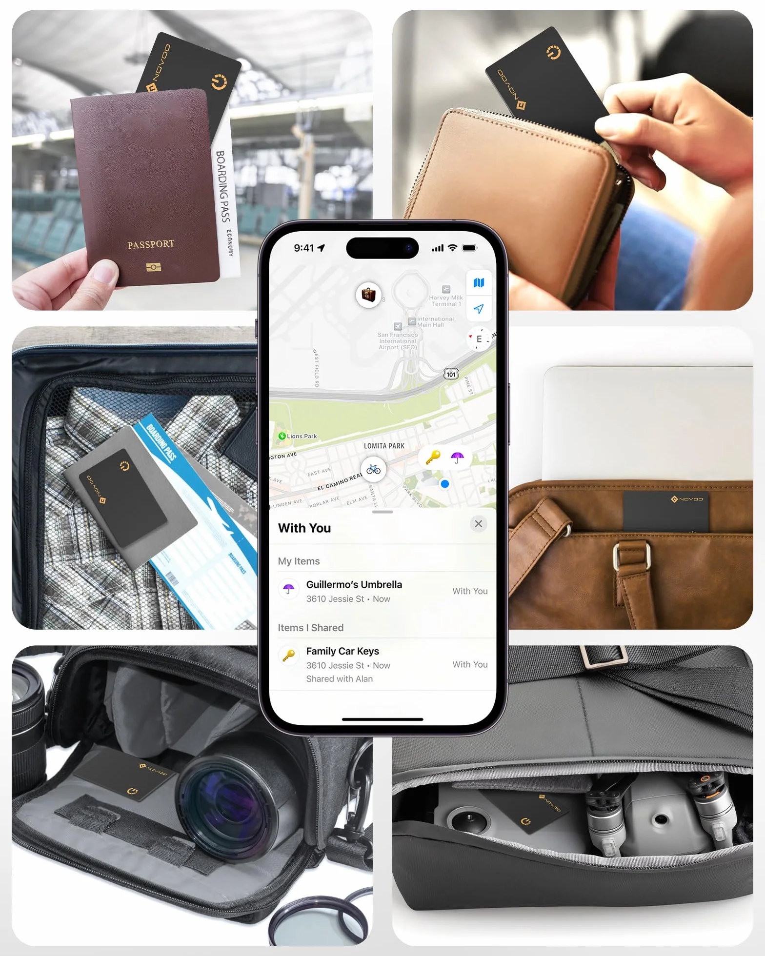 NOVOO Air Tag Card Wallet Tracker, 1.6 mm Tarjeta Inteligente Delgada, 6 Años Batería, IP68, Compatible con Apple Dónde Está(Solo iOS), Localizador Bluetooth para Carteras/Maletas/Pasaportes, Negro