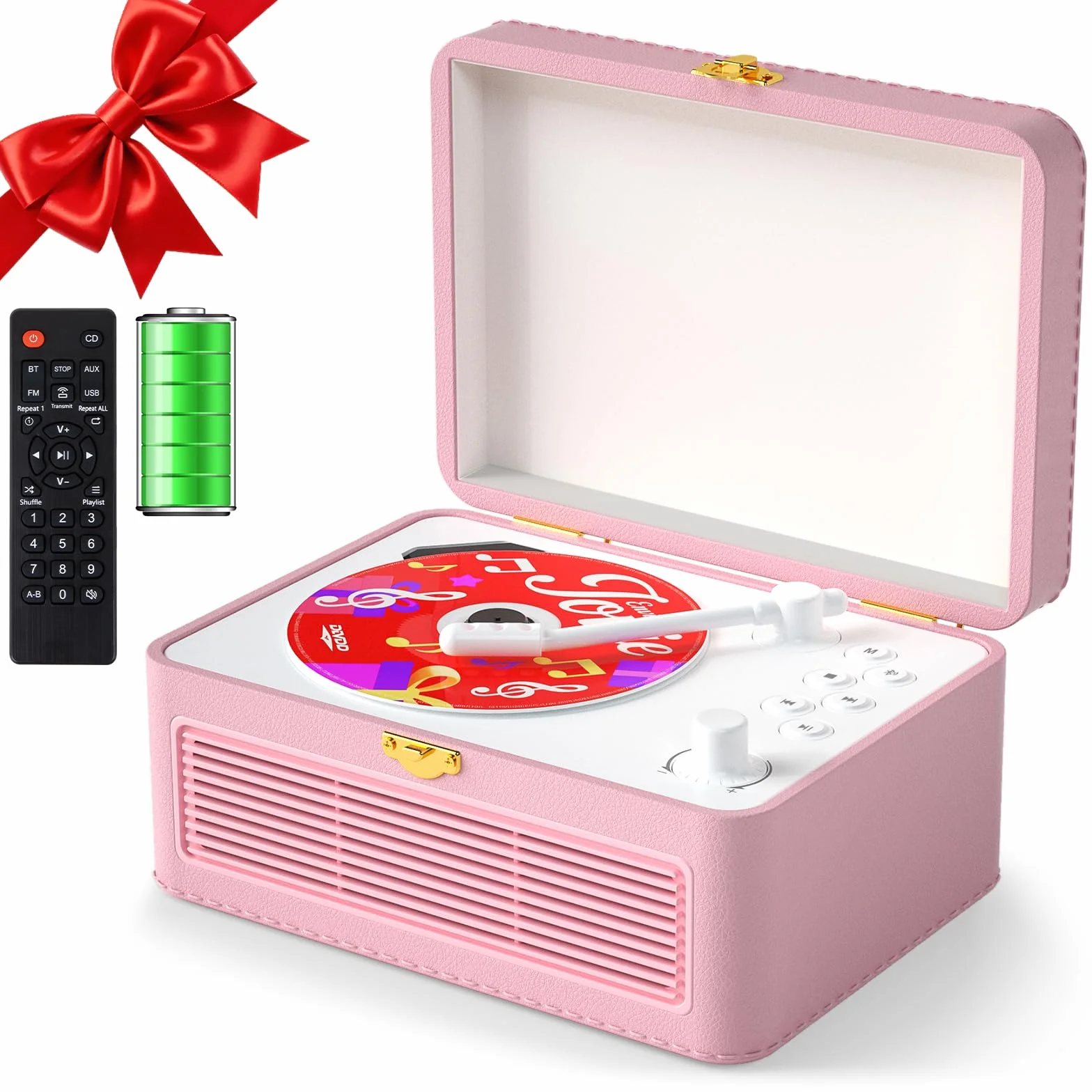 Gueray Reproductor CD Portátil Bluetooth 3600mAh Recargable con Altavoces, Diseño Maletín Retro, USB AUX, Rosa