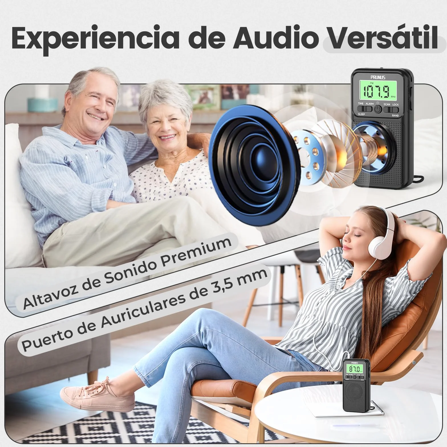 PRUNUS J-128 Radio Portátil Pequeña AM/FM Digital con Despertador, Temporizador de Sueño, Pilas