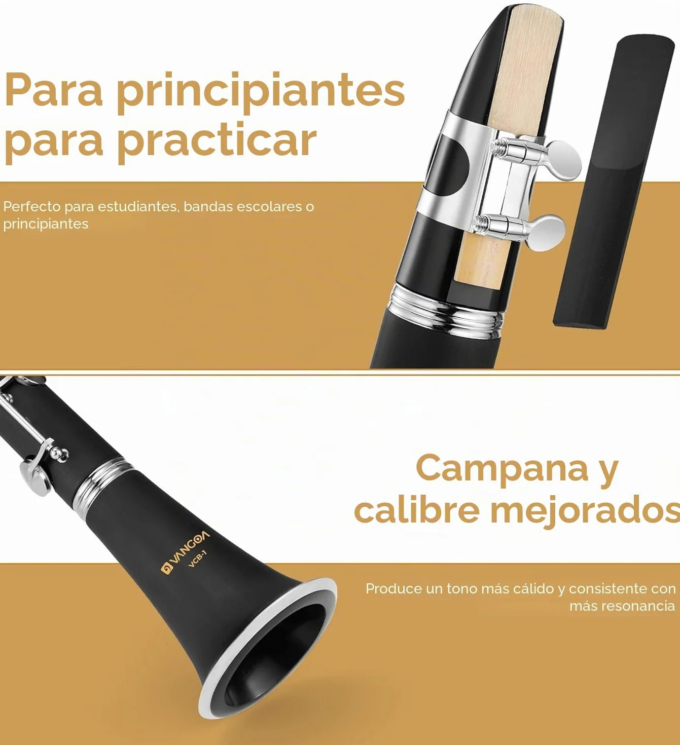 Vangoa B Flat Clarinet 17 llaves de níquel para principiantes, juego de clarinete para estudiantes con boquilla 4C, kit de limpieza, estuche rígido, soporte, 10 cañas y guantes, negro