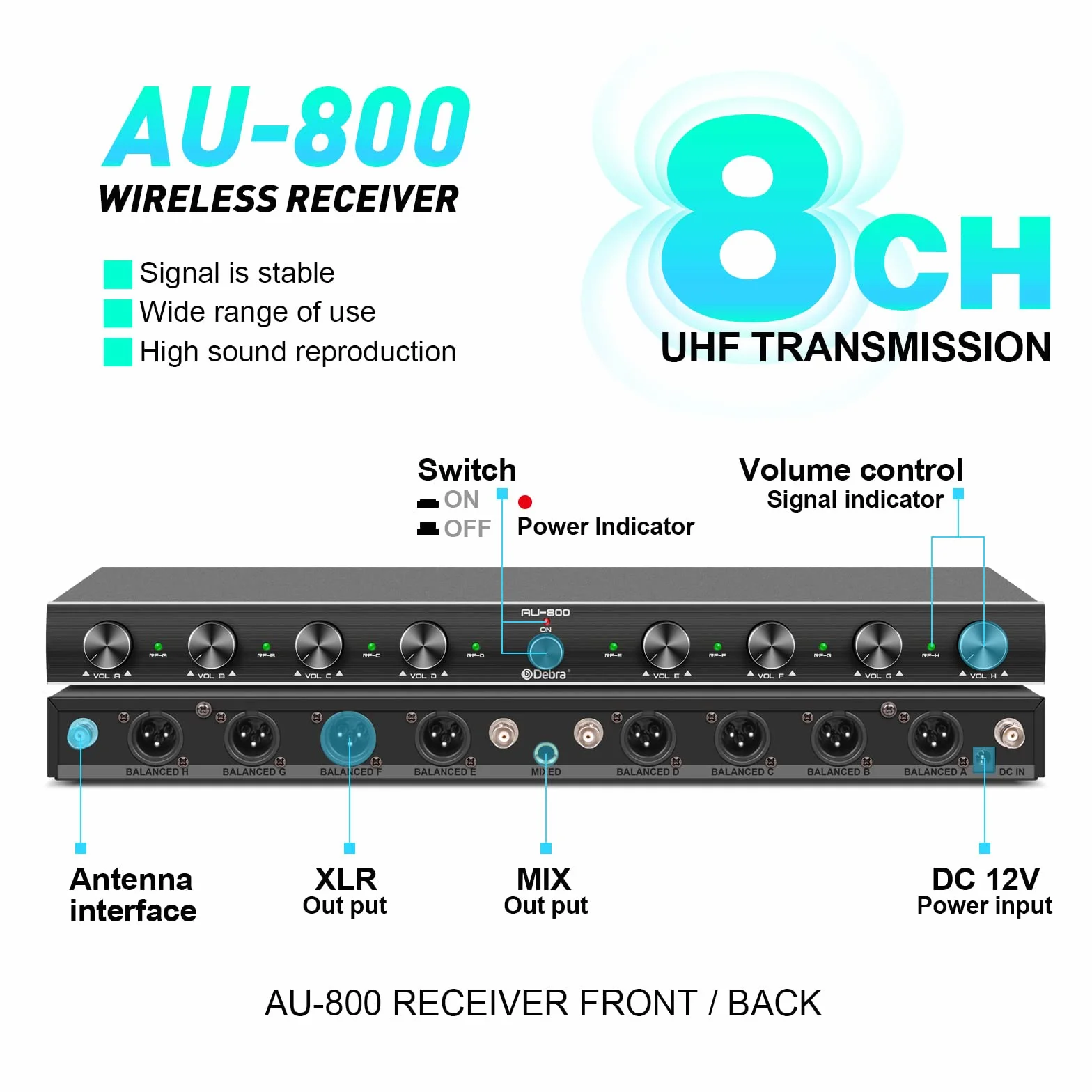 D Debra Sistema Micrófonos Inalámbricos UHF, 8 Canales, 8 Bodypack, Receptor Metal, para Karaoke e Iglesias