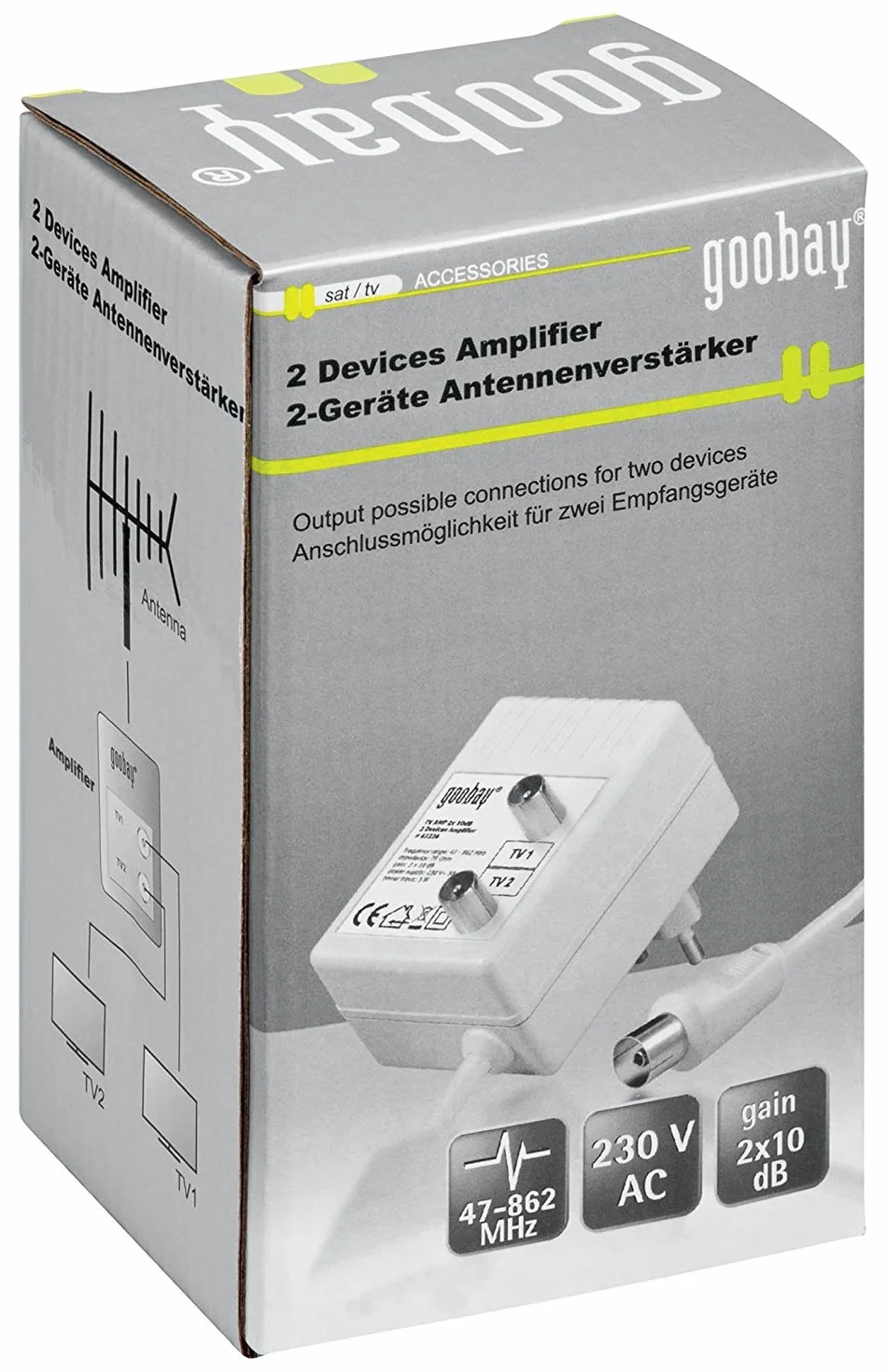Wentronic Amplificador para distribución de Radio de TV por Cable DVB-T, amplificación óptima de la señal de 2 Dispositivos de 2× 15 dB, DVB-T, DVB-T2, DVB-C, Radio