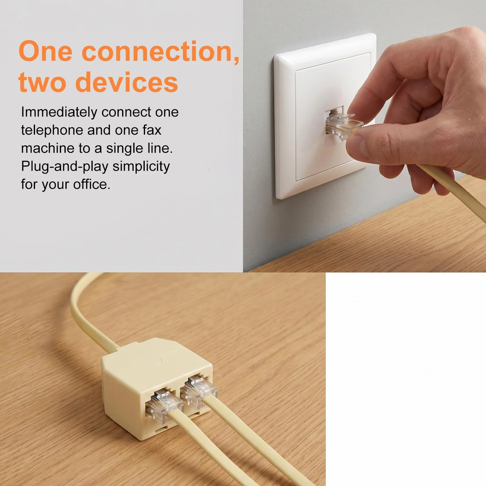HENGBIRD 2 Piezas Divisor RJ11 para Teléfono Fijo, Adaptador de Teléfono a RJ11 6P4C, 1 Macho a 2 Hembra, Divisor Telefónico Fijo RJ11 para Cable Teléfono Fijo, Fax y Teléfono, Beige