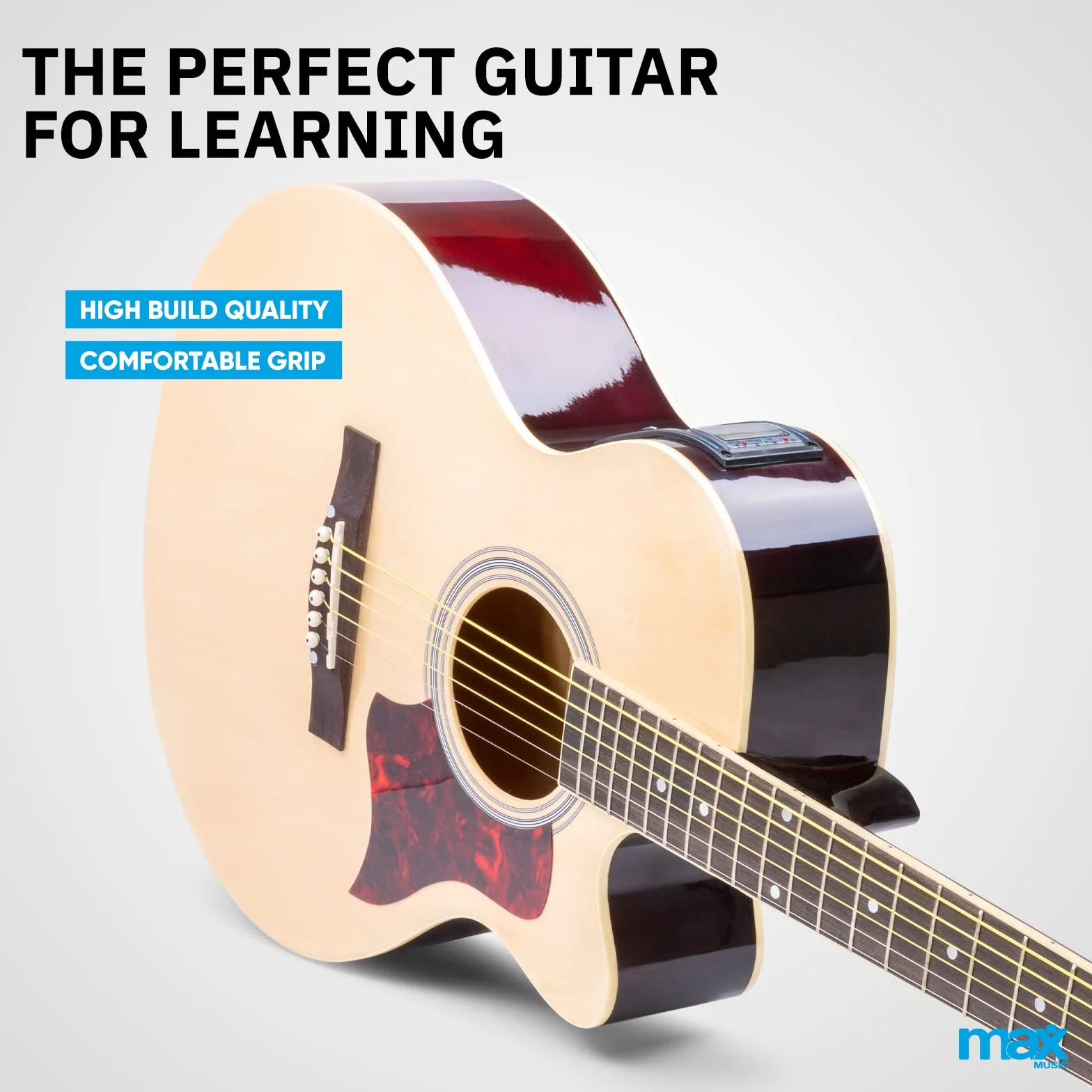 MAX Showkit Guitarra Electroacústica Madera Clara con Cuerdas de Acero de Repuesto, Amplificador, Funda, Afinador, Correa y 2 Púas – Pack Completo Ideal para Principiantes, Ensayos o Regalo