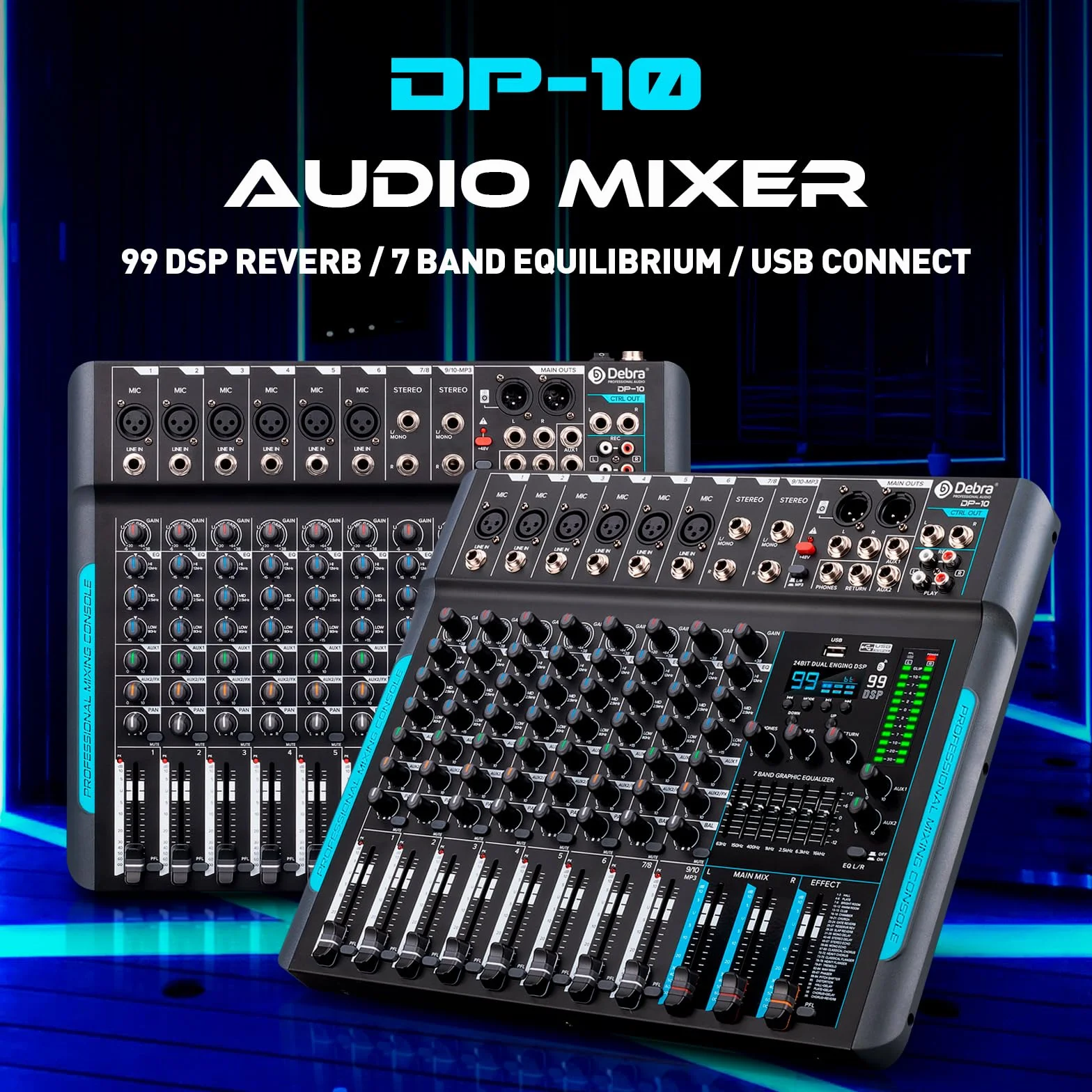 Mesa de mezclas DJ DP-10 profesional 10 canales – Mezclador de audio con USB y 99 efectos DSP – Interfaz para podcast, karaoke y sonido en vivo