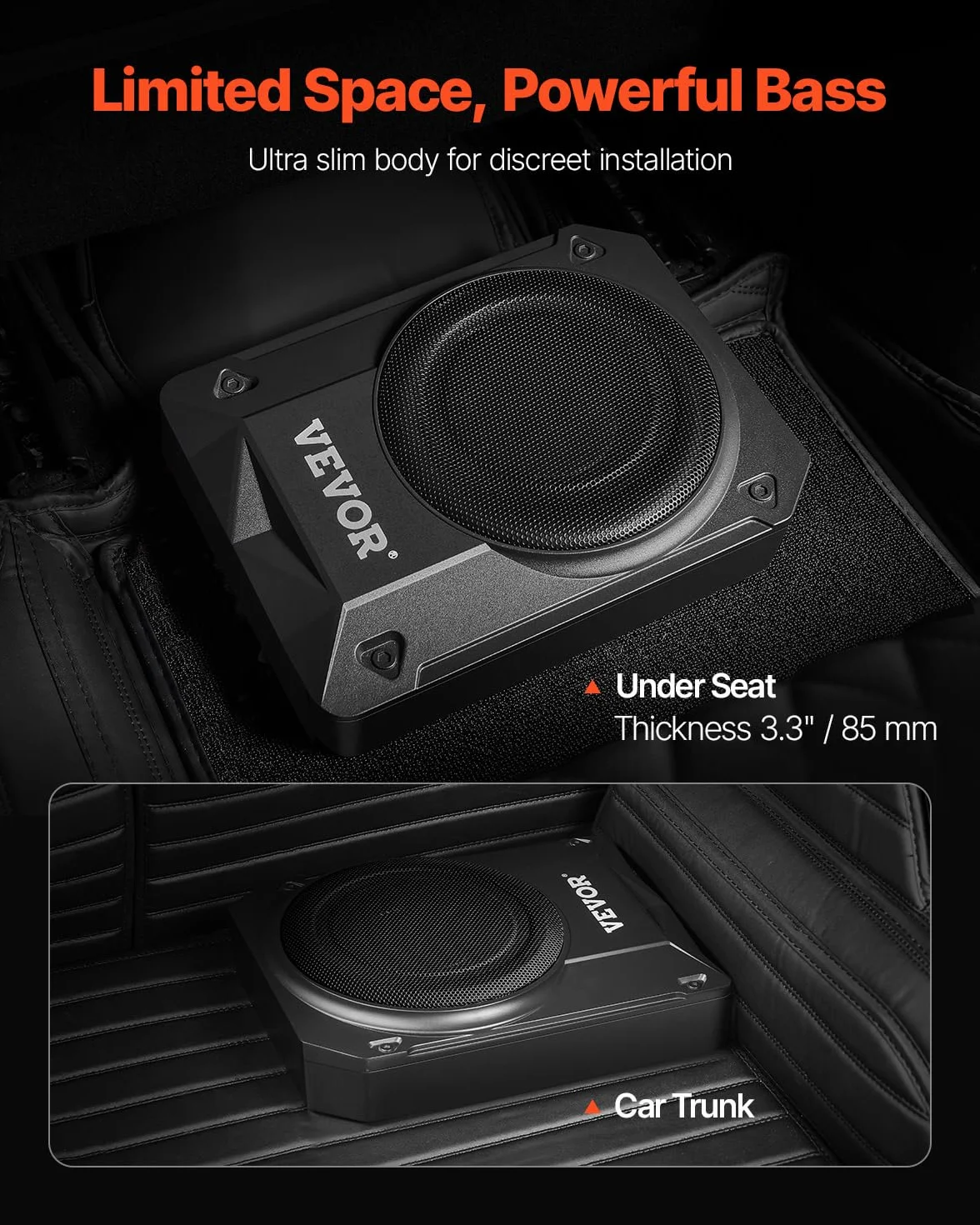 VEVOR Subwoofer para Debajo del Asiento para Automóvil 254 mm 400 W Altavoz Compacto para Coche Amplificador Incorporado Entrada Bajo Controlador de Volumen Control Remoto con Cable