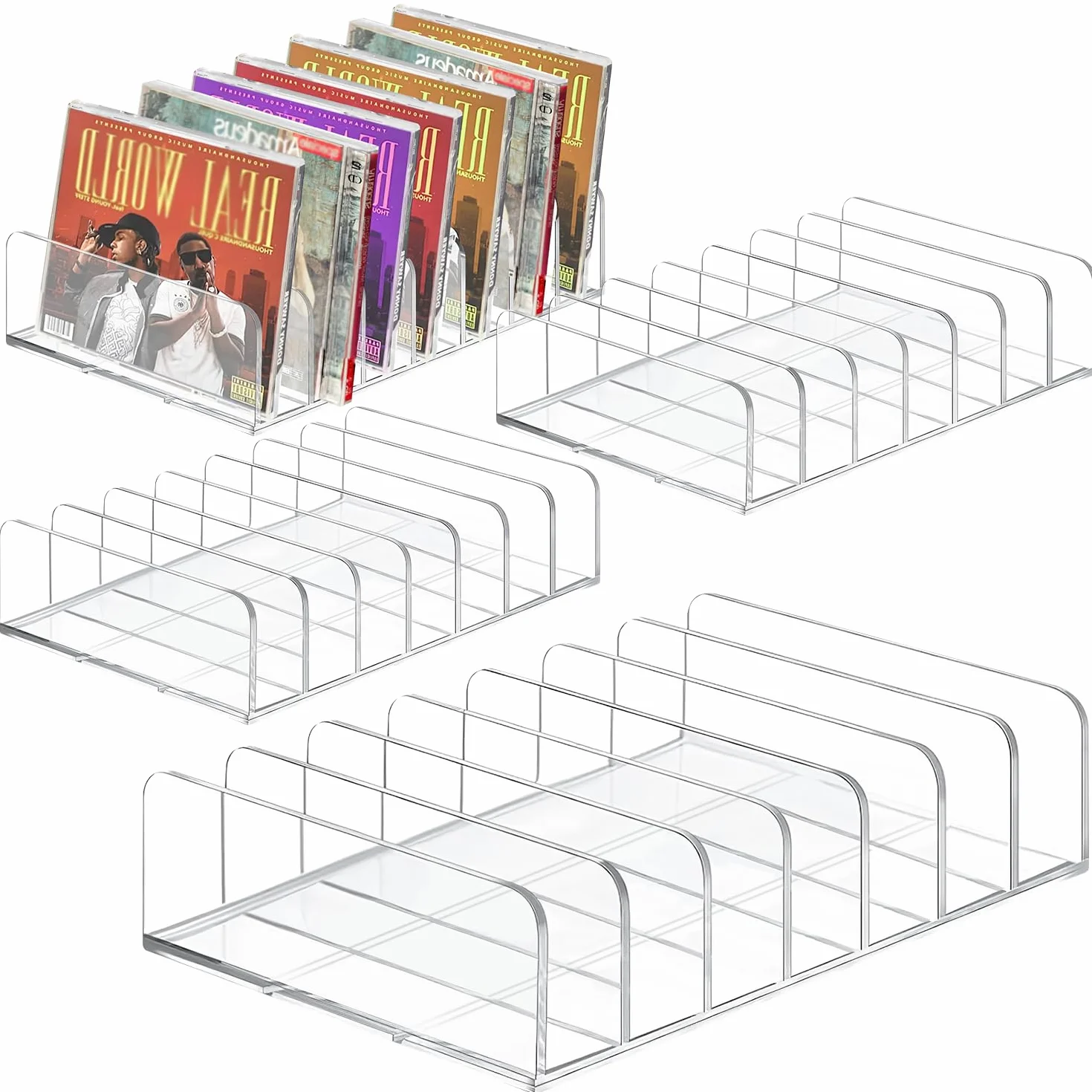 Soporte para Bandeja de CD 4Pcs Organizador de Maquillaje con 7 Compartimentos Soportes para CD de Acrílico Transparente Soporte Organizador de DVD para Casetes Libros Cosméticos