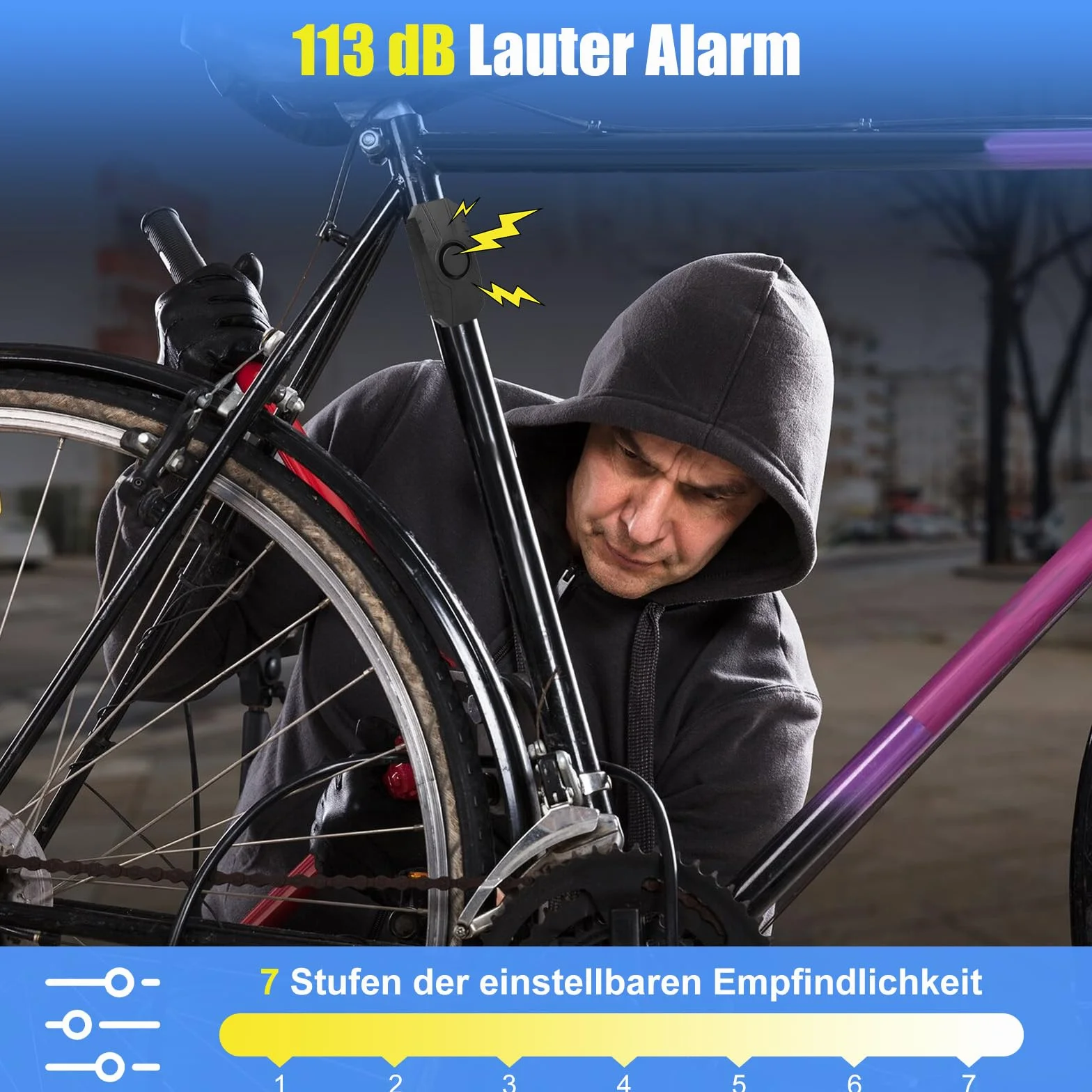 Sistema de alarma antirrobo para bicicleta, 113 dB, sensor de vibración, inalámbrico, antirrobo, sistema de alarma de seguridad con mando a distancia para bicicleta, moto, scooter