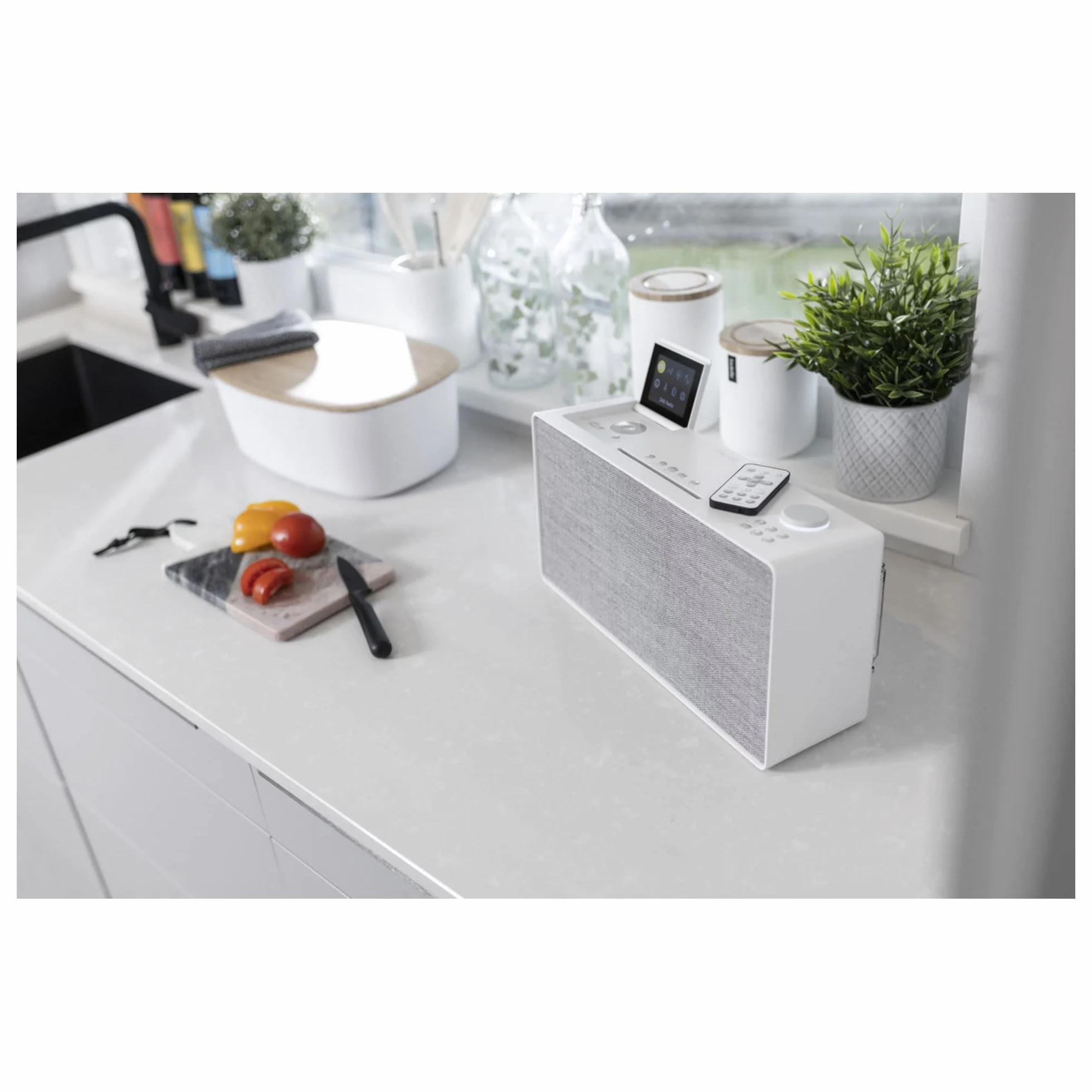 Sistema de música Pure Evoke Home All-In-One para el hogar (Radio Dab+/UKW, Radio por Internet, Podcasts, Spotify Connect, Bluetooth, CD y un Potente Sonido estéreo de 100 vatios), Blanco algodón