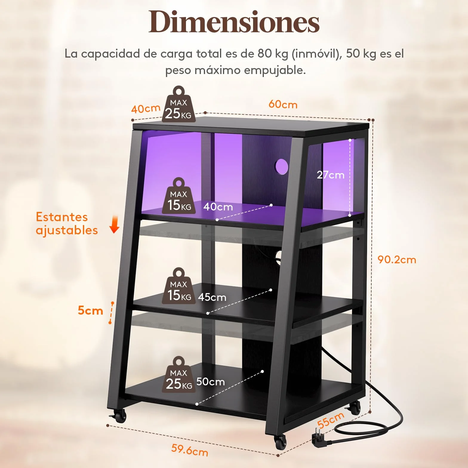 Lifewit 4 Estante Soporte Multimedia AV con Tomas de Corriente, Estantes Estéreo con Luces LED, Ruedas y Estantes Ajustables para Tocadiscos, Rolling Media Console, 60 x 55 x 90 cm, Negro