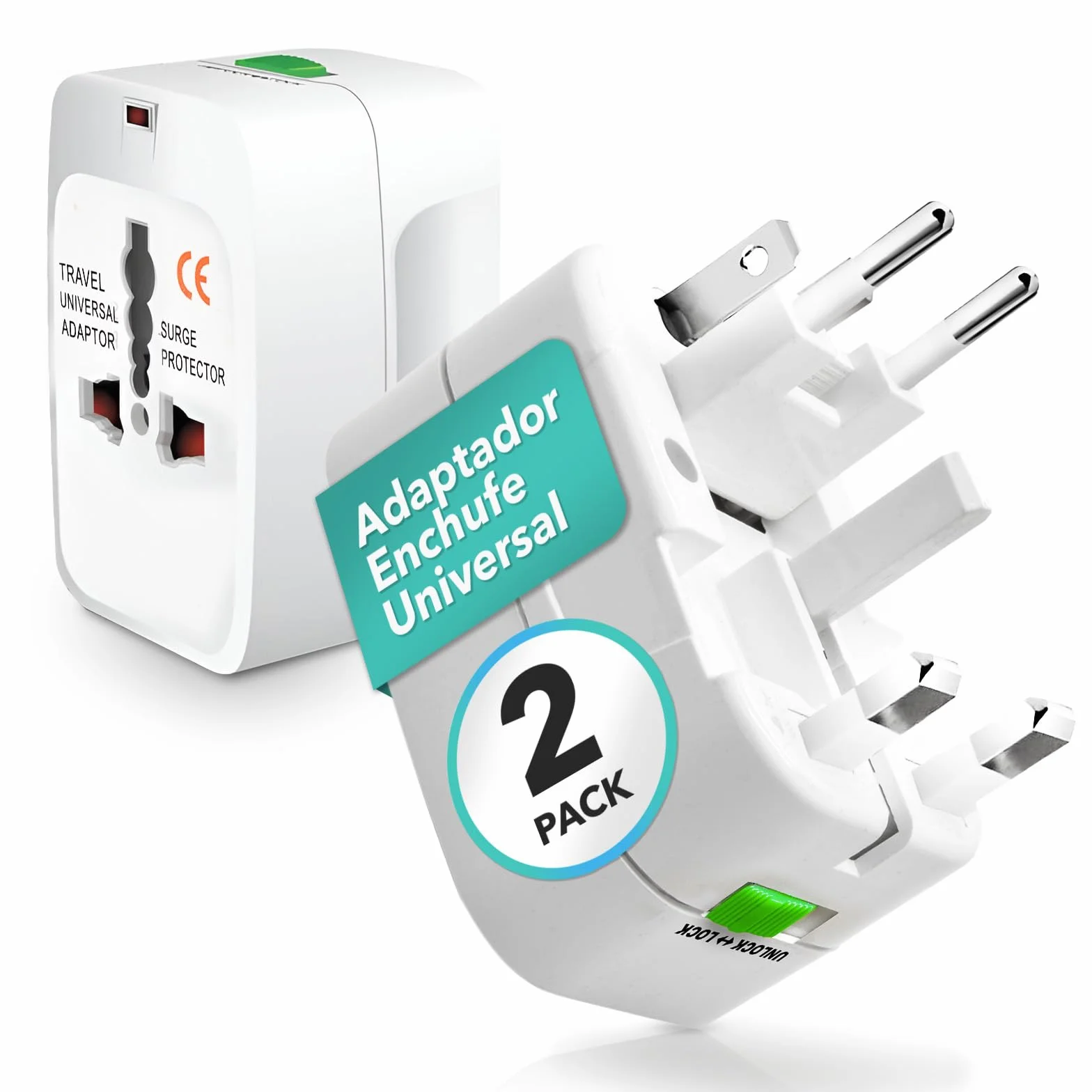 Pack de 2 – Adaptador Enchufe Universal de Viaje, Travel Adapter, Toma Internacional de Corriente, Todo en Uno – Compatible con más de 150 Países (Europa, Australia, UK, USA y más)