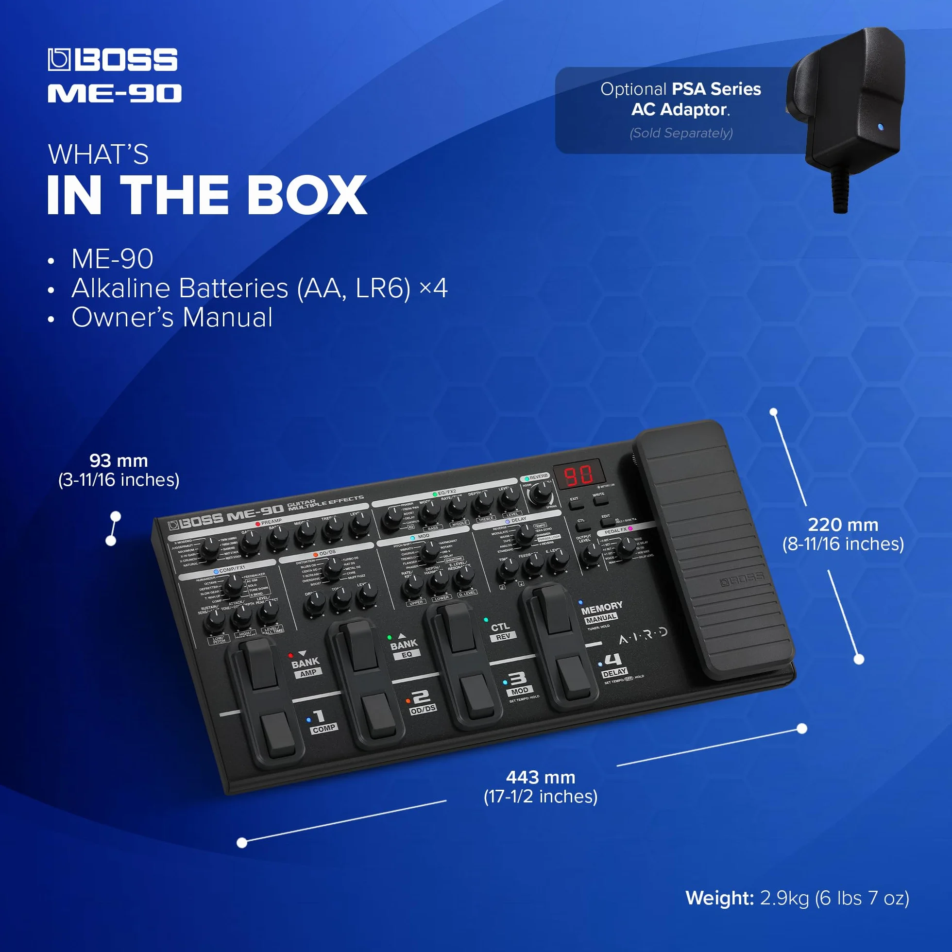 Multiefectos de guitarra BOSS ME-90 | Procesador de guitarra todo en uno | 11 modelos de ampli AIRD integrados | 60 efectos procedentes del GT-1000 | 8 conmutadores de pedal multifunción