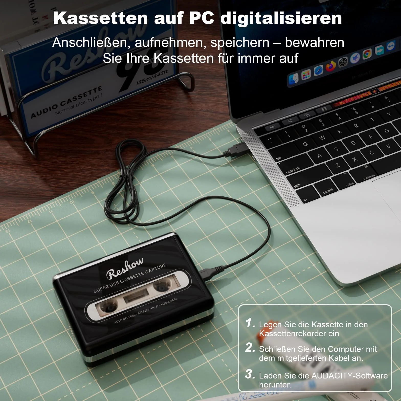Reshow Grabadora de casete portátil convertidor USB a MP3 con micrófono y altavoz auriculares blanco