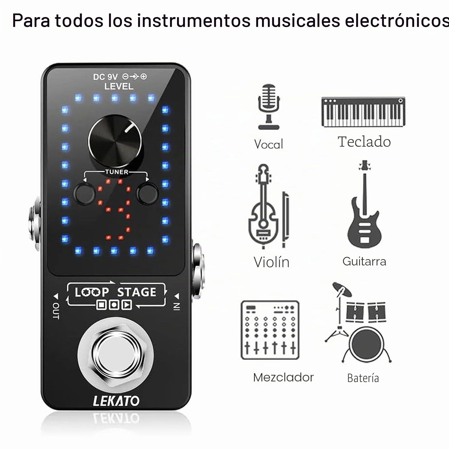 LEKATO Pedal de guitarra eléctrica Pedal de bucle 9 bucles Máximo 40 minutos Tiempo de grabación Estación de bucle de sobregrabación ilimitada con función de afinador para bajo eléctrico (Looper)