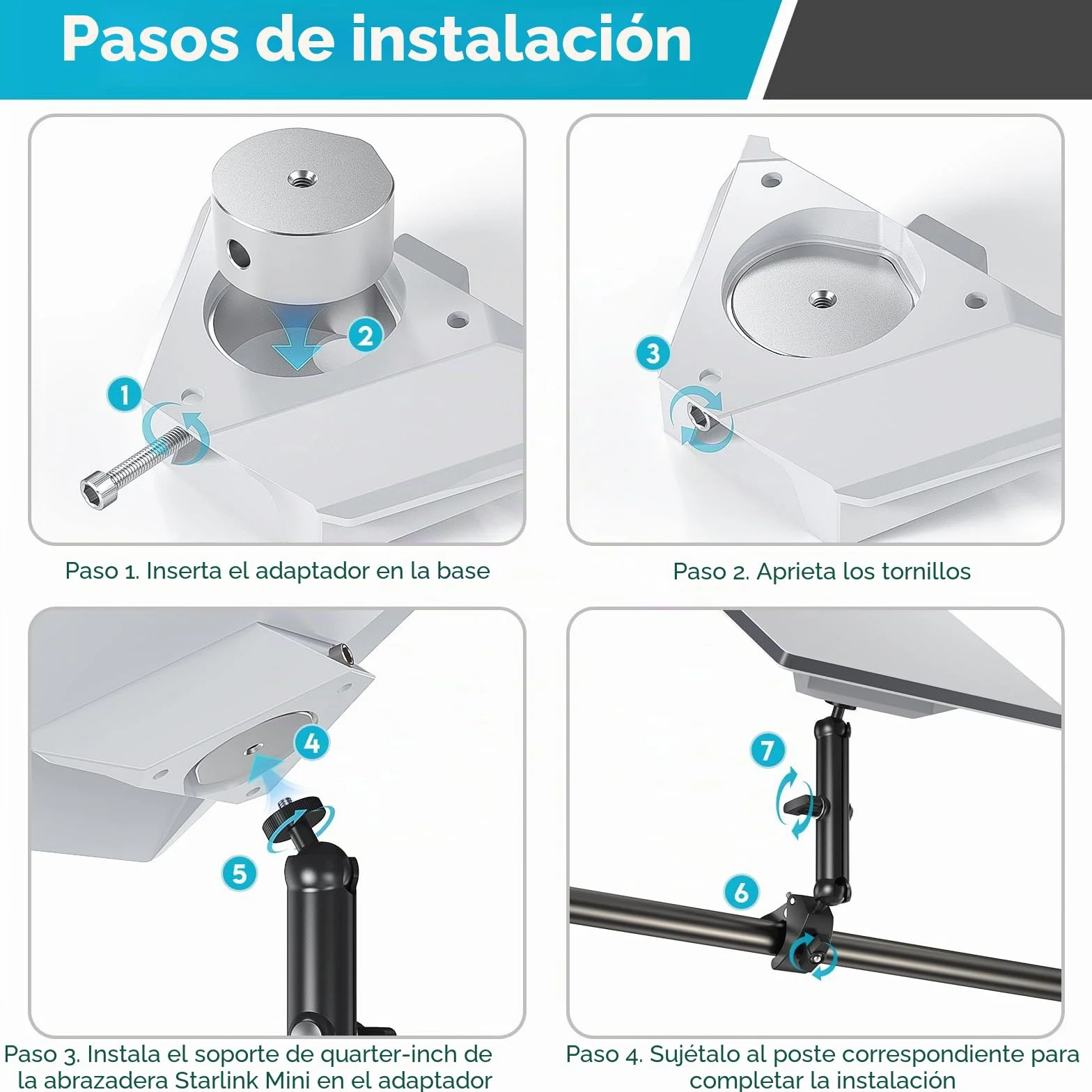 Starlink Mini Kit de Montaje Ajustable, Poste de Aluminio con Adaptador de Trípode y Abrazadera Regulable, Roscas 1/4"-20 y 3/8"-16 para RV, Cámper, Techo, Balcón, Yate, Antena Starlink Mini 2025