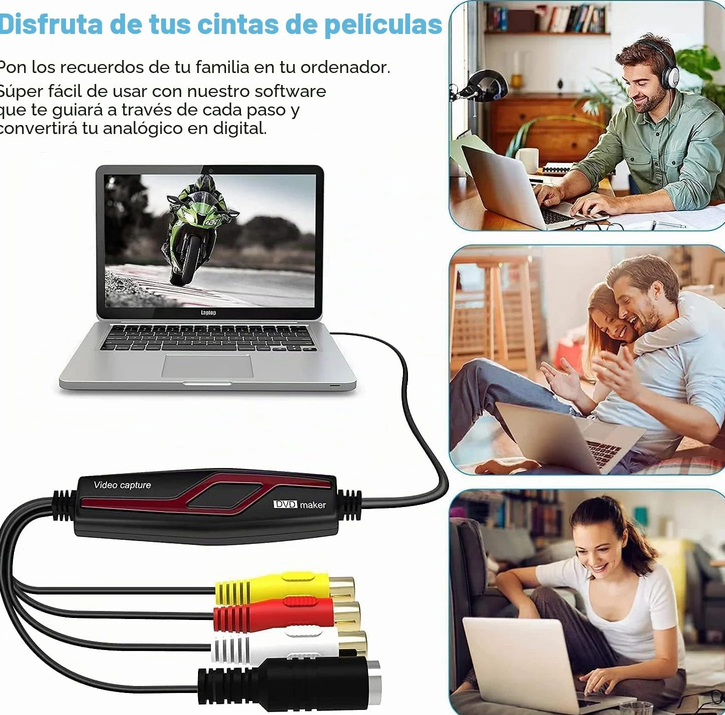 DIGITNOW!Convertidor de Captura de Vídeo USB,Hi8 VHS a DVD Digital Grabber Grabador ,Capturadora de Audio Vídeo para Mac Windows,Digitalizadora y Edite con Adaptador Scart/AV