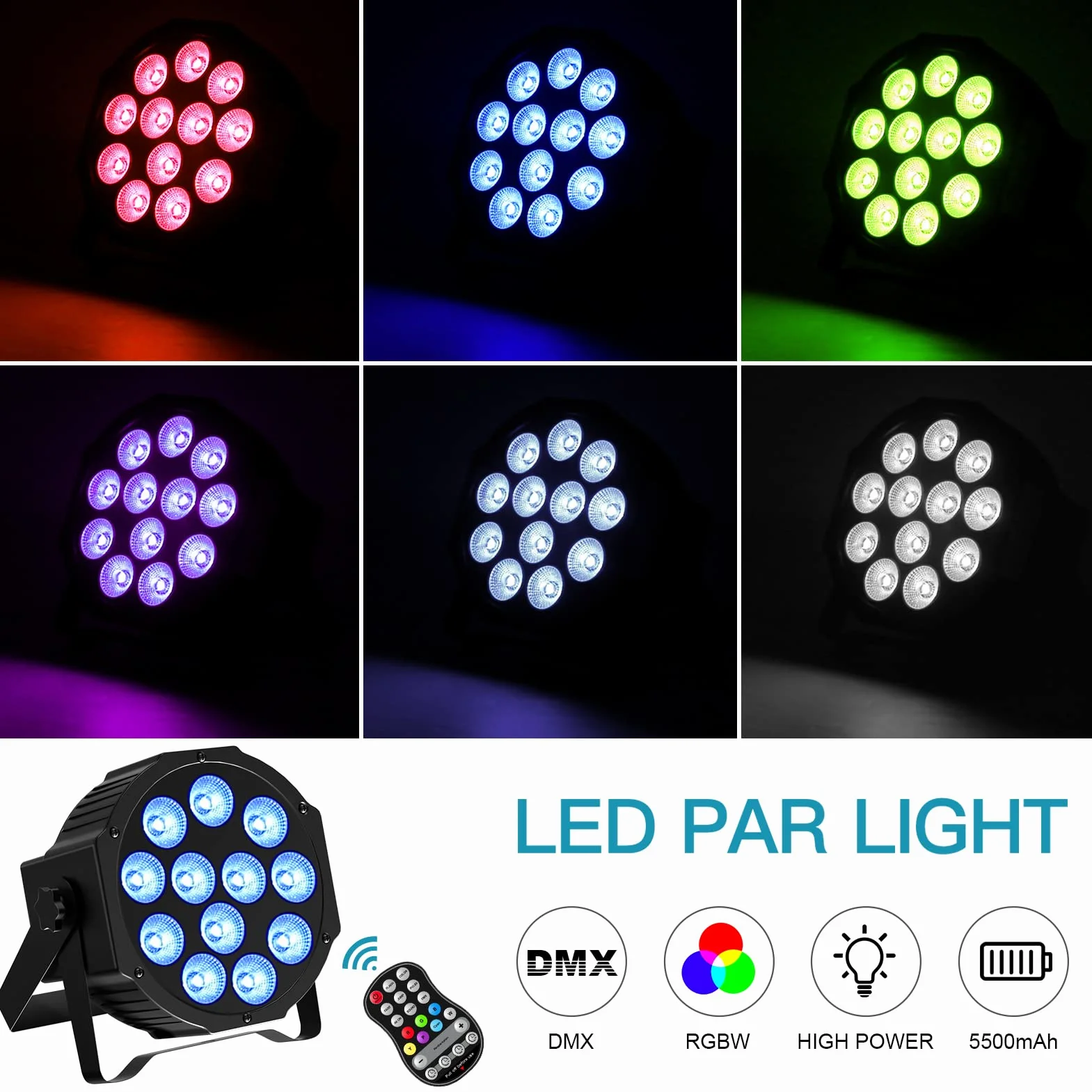 2 Piezas RGBW Par LED Batería Recargable, 24W Luces Escenario Exterior con Control Remoto y Activación de Sonido, Focos Discoteca para Fiesta DJ Bar Boda Navidad