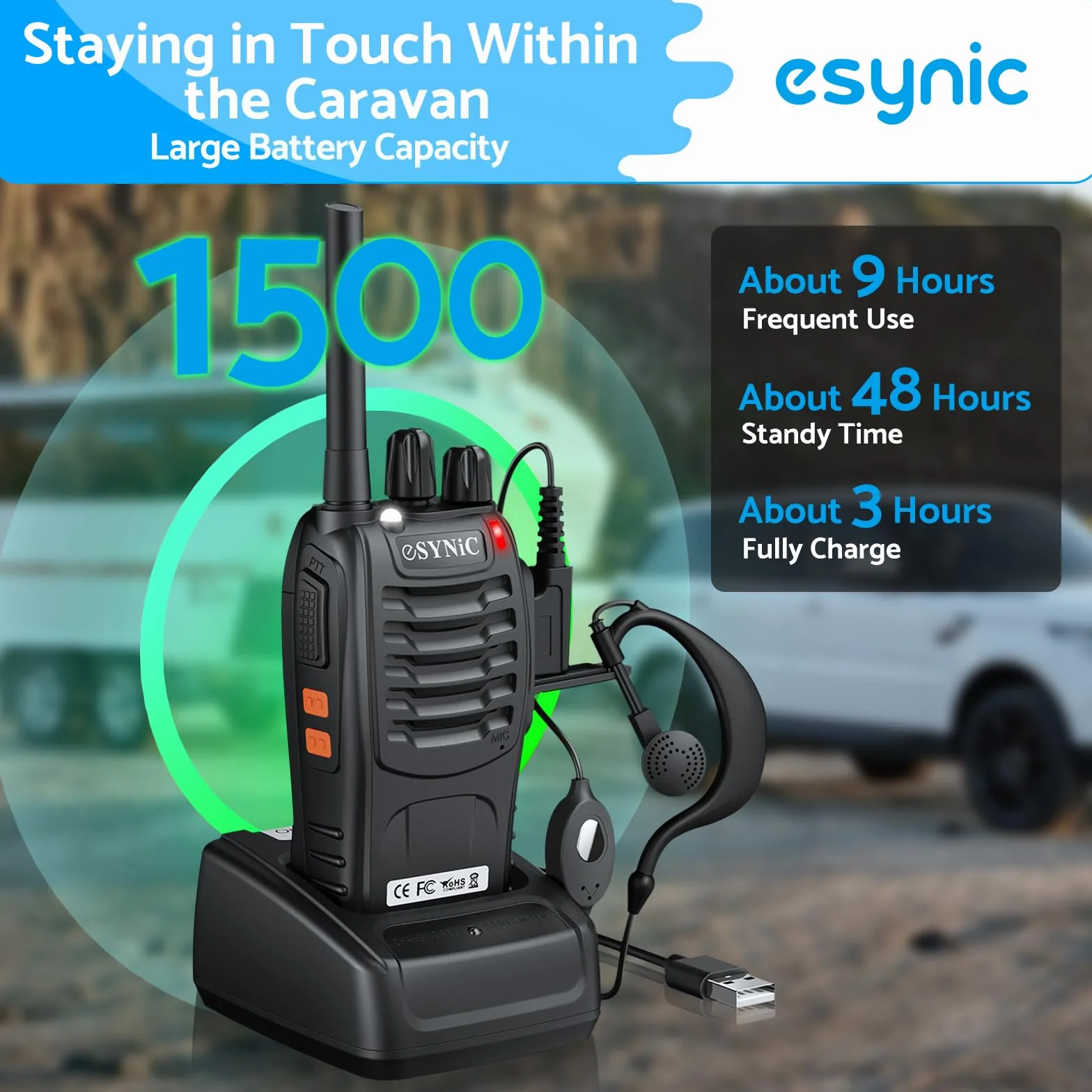 eSynic 4PCS Walkie Talkie Recargable 16 Canales Walkie Talkie de Largo Alance con Auriculares Originales CTCSS DCS Walky Talky Admite VOX LED Linterna para Ciclismo y Senderismo,etc