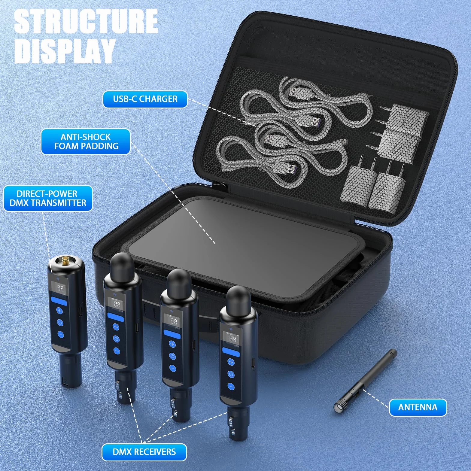 Controlador DMX inalámbrico con caja, DMX512 transmisor inalámbrico /3 receptores, receptor recargable con pantalla táctil, Uso continuo durante 20 horas