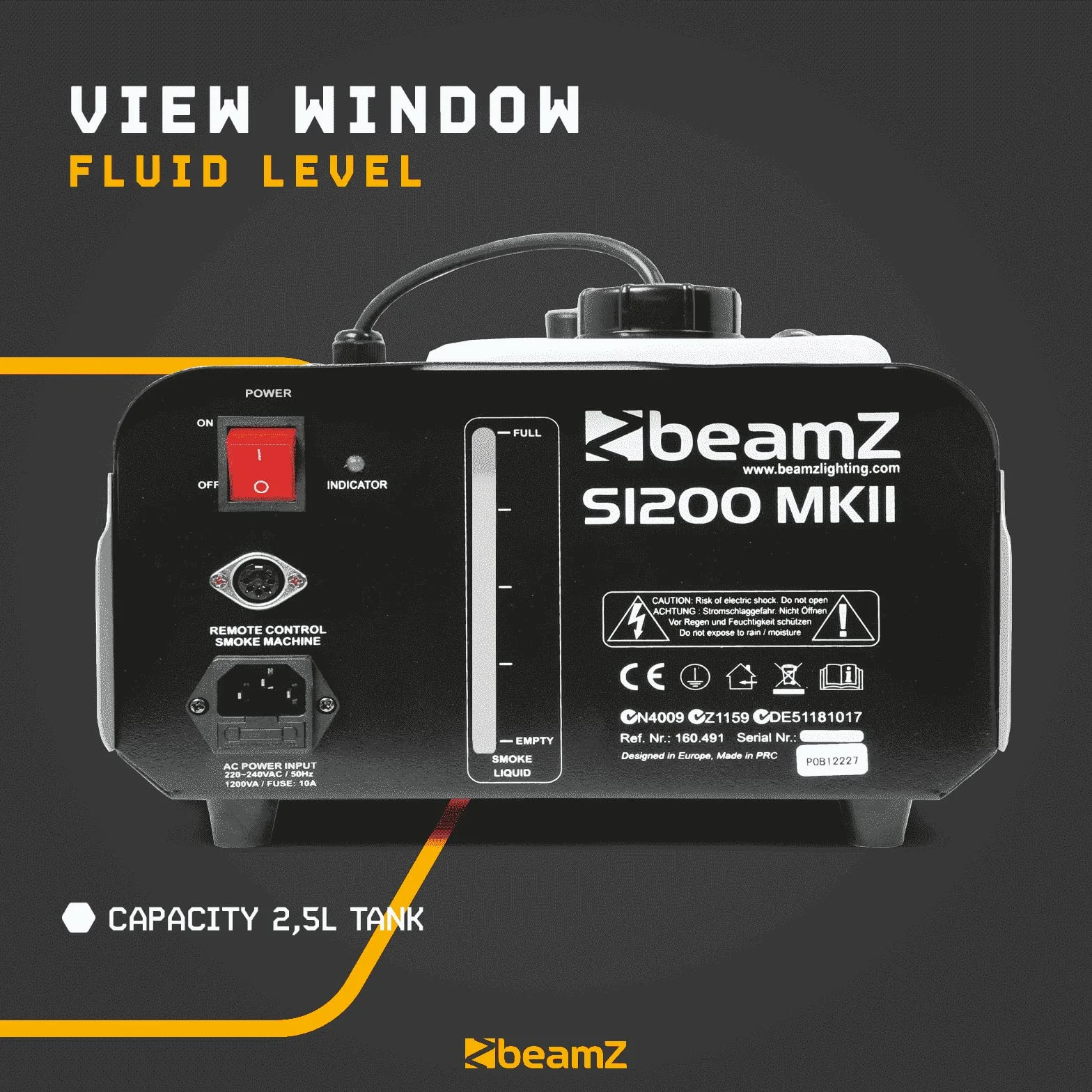 BeamZ S1200 MKII máquina de humo de 1200W, con tanque de 900ml. salida de 215m3 de humo por minuto, control remoto con cable de 3 metros con programador, sólida y fácil de transportar