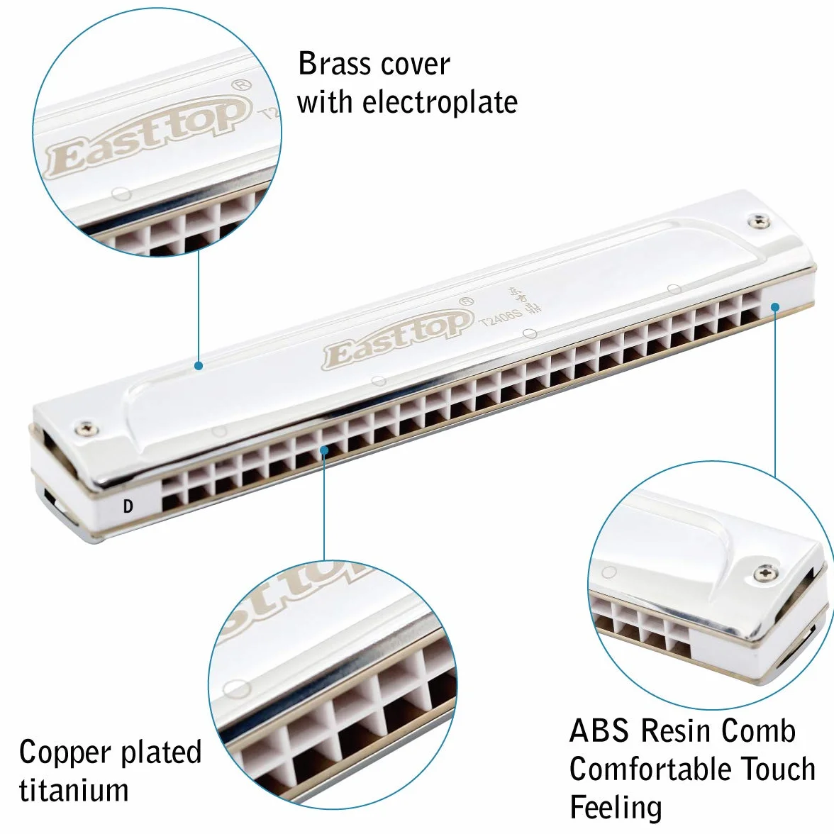 East Top Harmonica, Tremolo Harmonica Key D 24 agujeros T2406S Armónica Armónica para adultos, profesionales, principiantes y estudiantes, como regalo