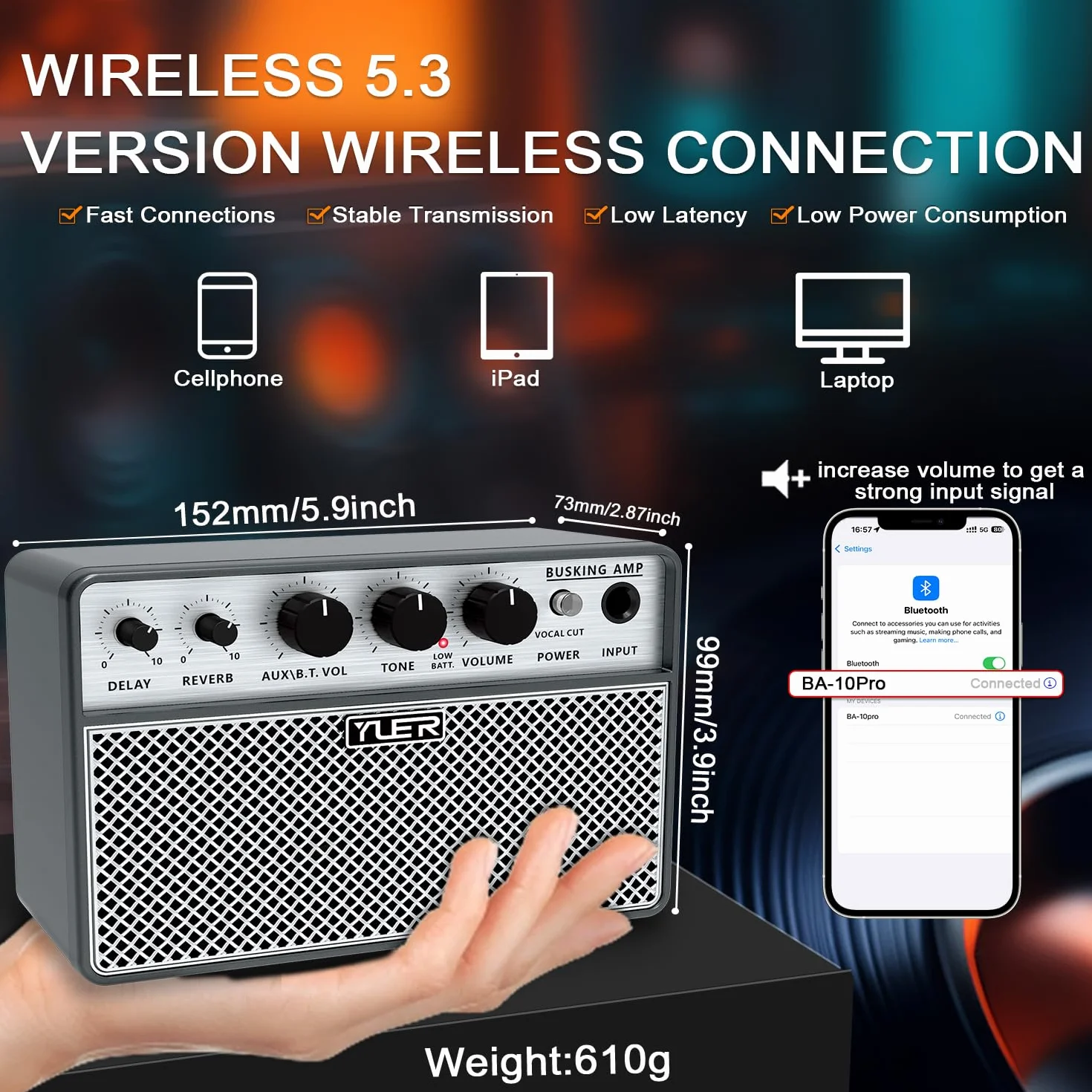 Yuer BA-10Pro - Amplificador de guitarra acústica de 10 W, amplificador portátil de voz y guitarra con retardo digital/efecto reverberación, conector para auriculares/OTG para grabación, práctica