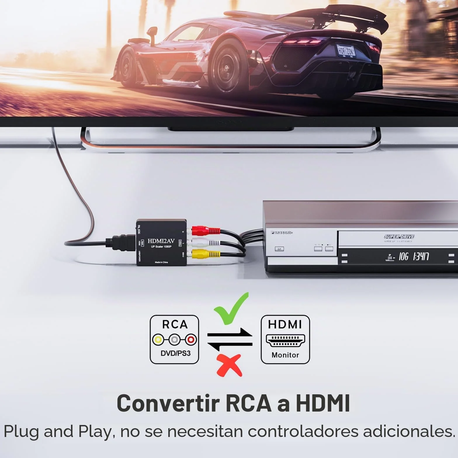 Convertidor RCA a HDMI, 1080P Mini RCA AV Compuesto de Audio de vídeo a HDMI Adaptador Compatible con PAL/NTSC para TV/Wii/PC/PS 123/STB/Xbox/VHS/VCR/reproductores
