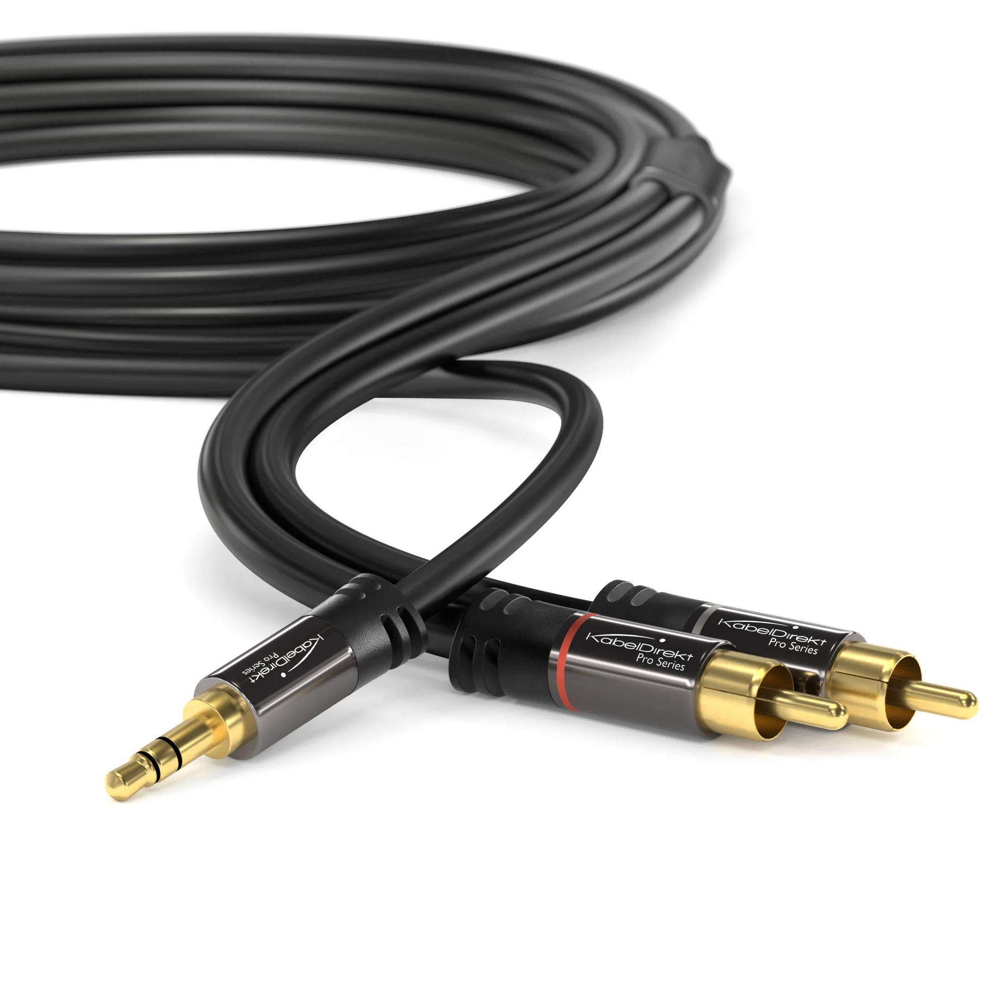 KabelDirekt – Cable adaptador macho Aux/3.5mm a RCA/phono – 3m – 2 enchufes RCA/phono (cable splitter audio Y, para conectar smartphones/notebooks y otros equipos a sistemas Hi–Fi/altavoces, negro)
