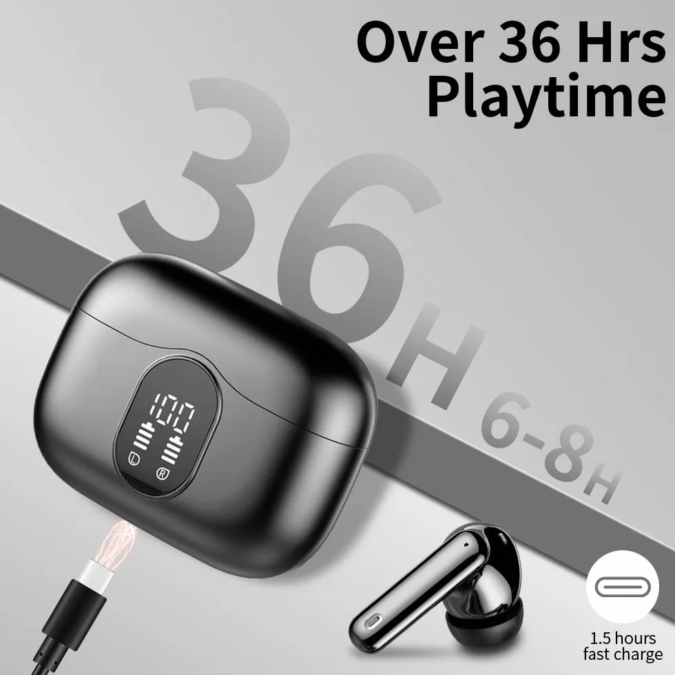 Btootos Auriculares Inalámbricos, Bluetooth 5.3 con HD Micrófono HiFi Estéreo Pantalla LED, Reducción de Ruido, 13 mm Controlador dinámico, IP7 Impermeable 36H Cascos Inalambricos